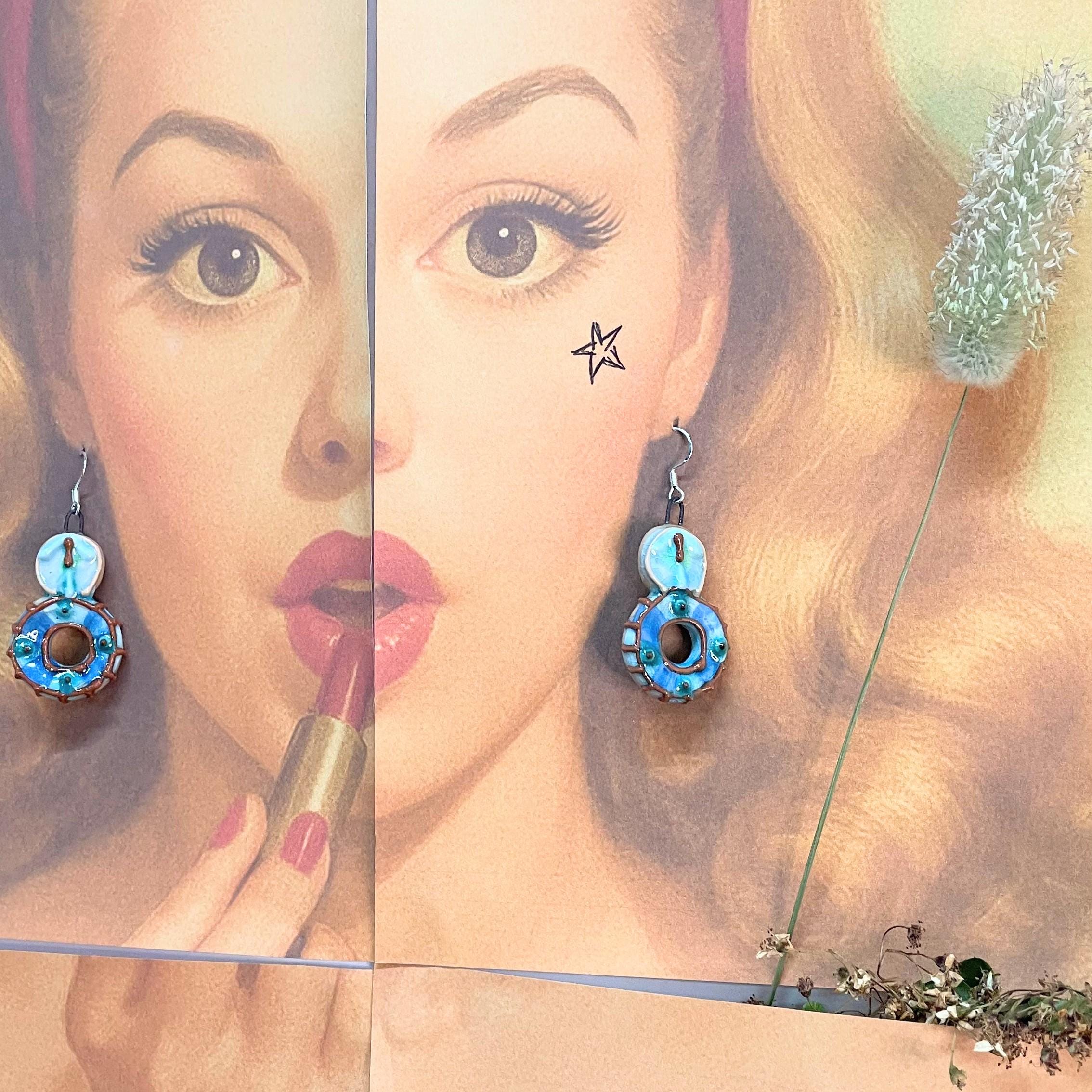 Handmade Ceramic Round Earrings in Blue