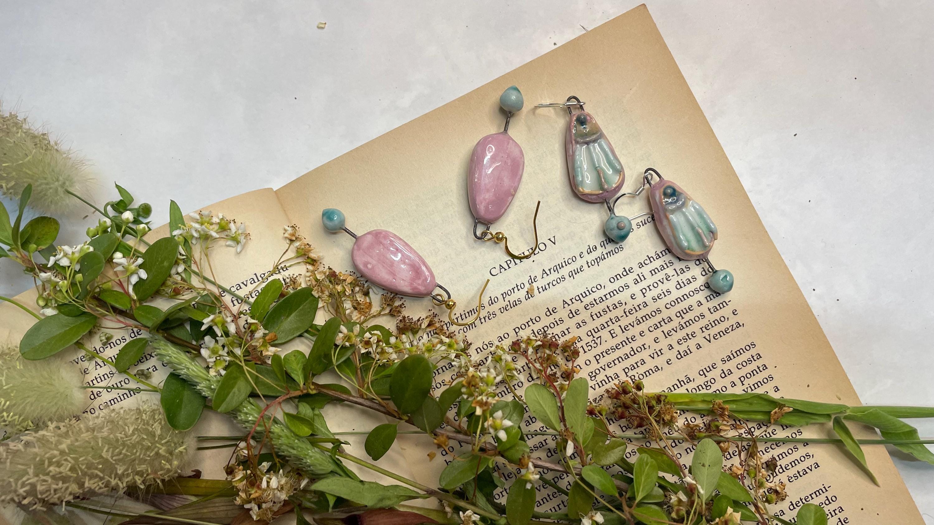 Pink Long Earrings handmade in Ceramic