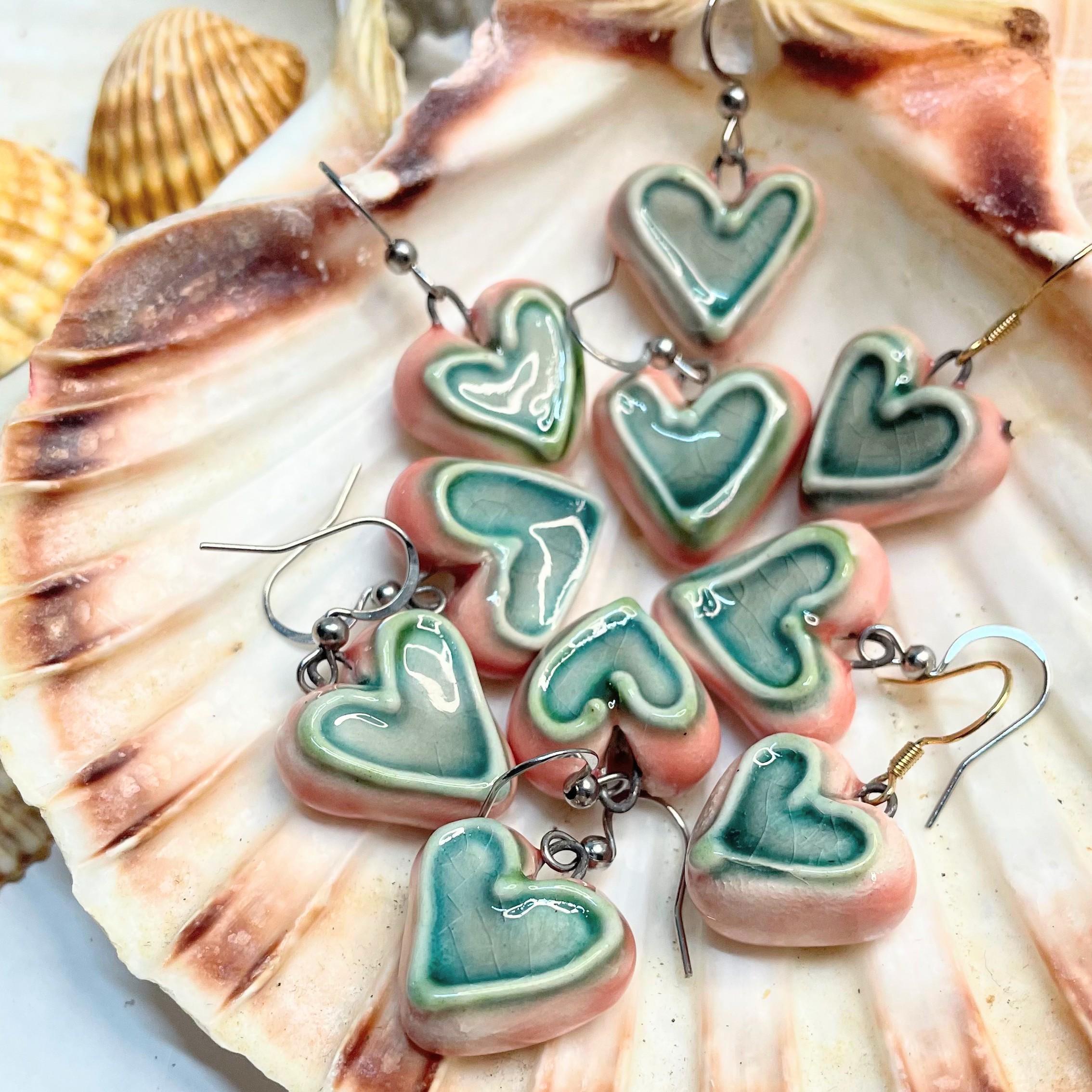 Teal Heart Shaped Earring made in Ceramic