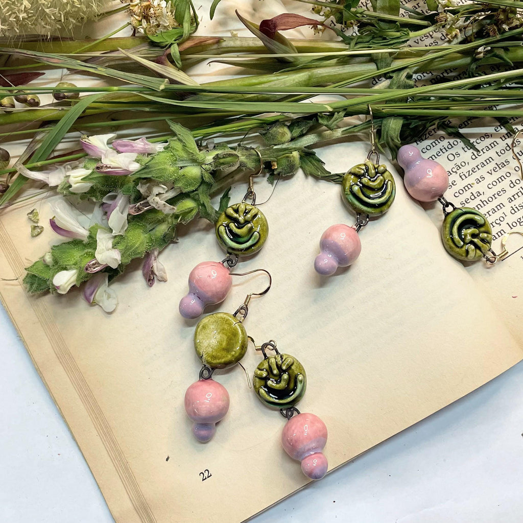 Green Medallion & Pink Earrings in Ceramic