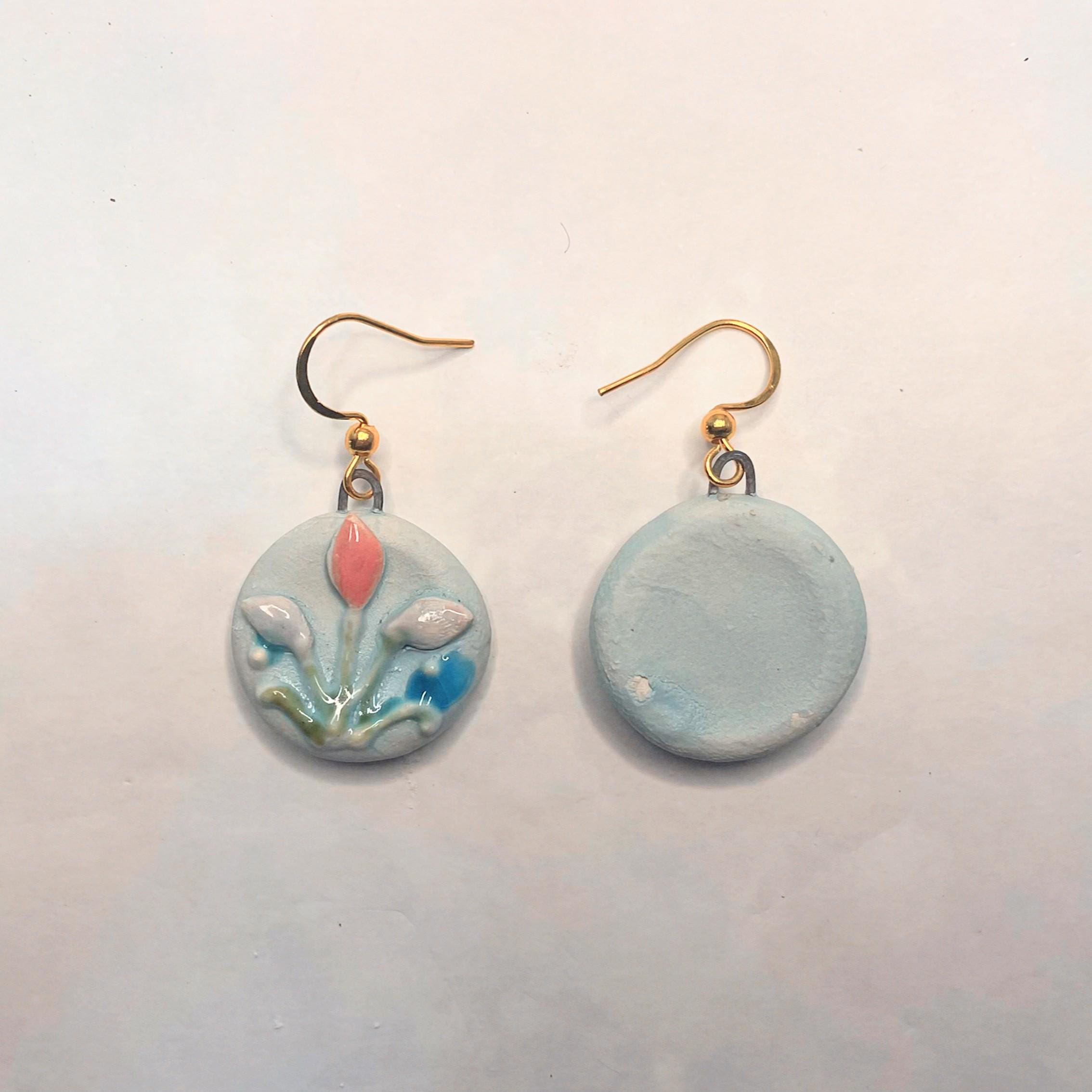 Round Flower Earring, Blue Ceramic Earrings, Sweet Girly Jewelery, Present for Women, Curious Gift for Her, Lovely Surprise for Friend