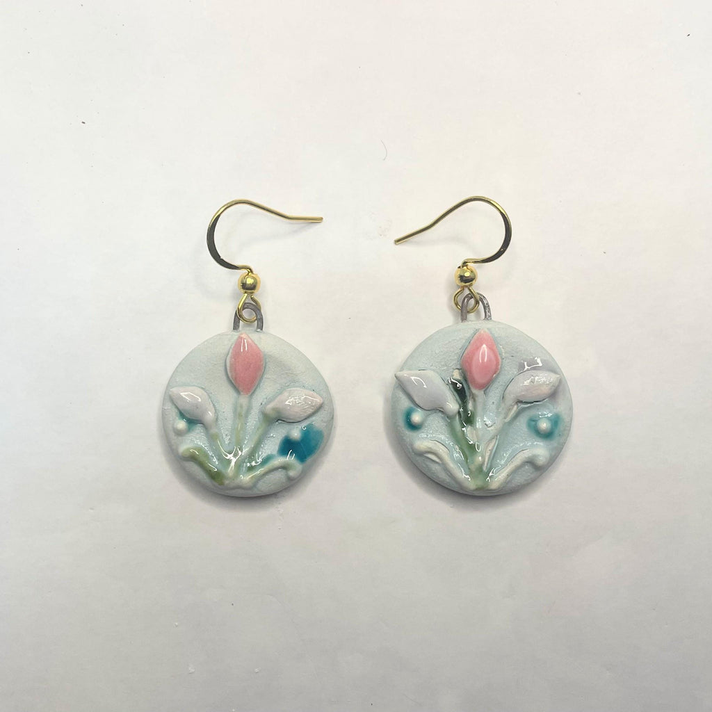 Round Flower Earring, Blue Ceramic Earrings, Sweet Girly Jewelery, Present for Women, Curious Gift for Her, Lovely Surprise for Friend