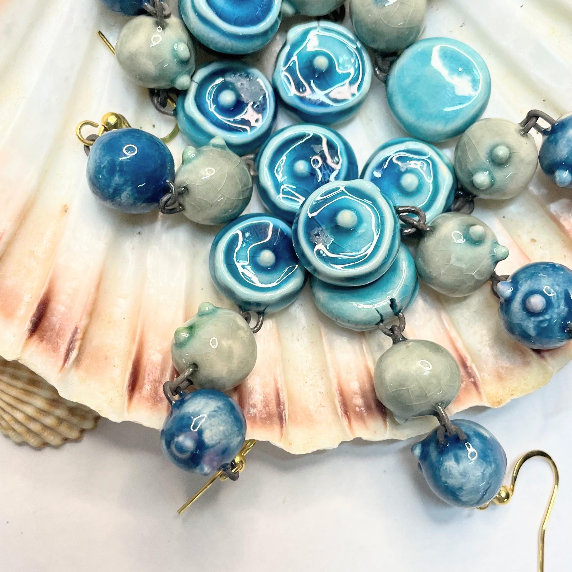 Drop Blue Earrings, Ceramic Pearls Jewelery