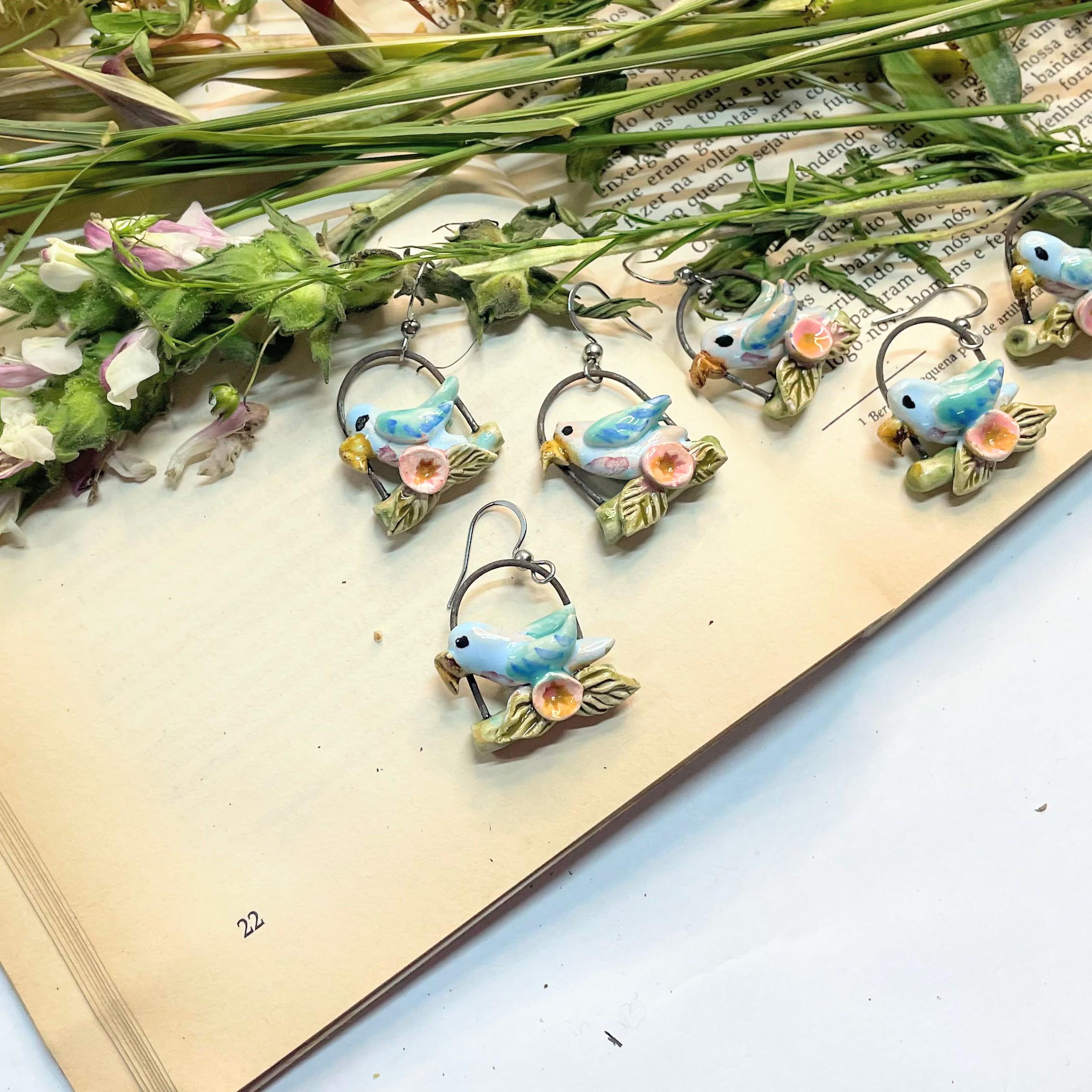 Colorful Earring with Parrots, Ceramic Jewelery