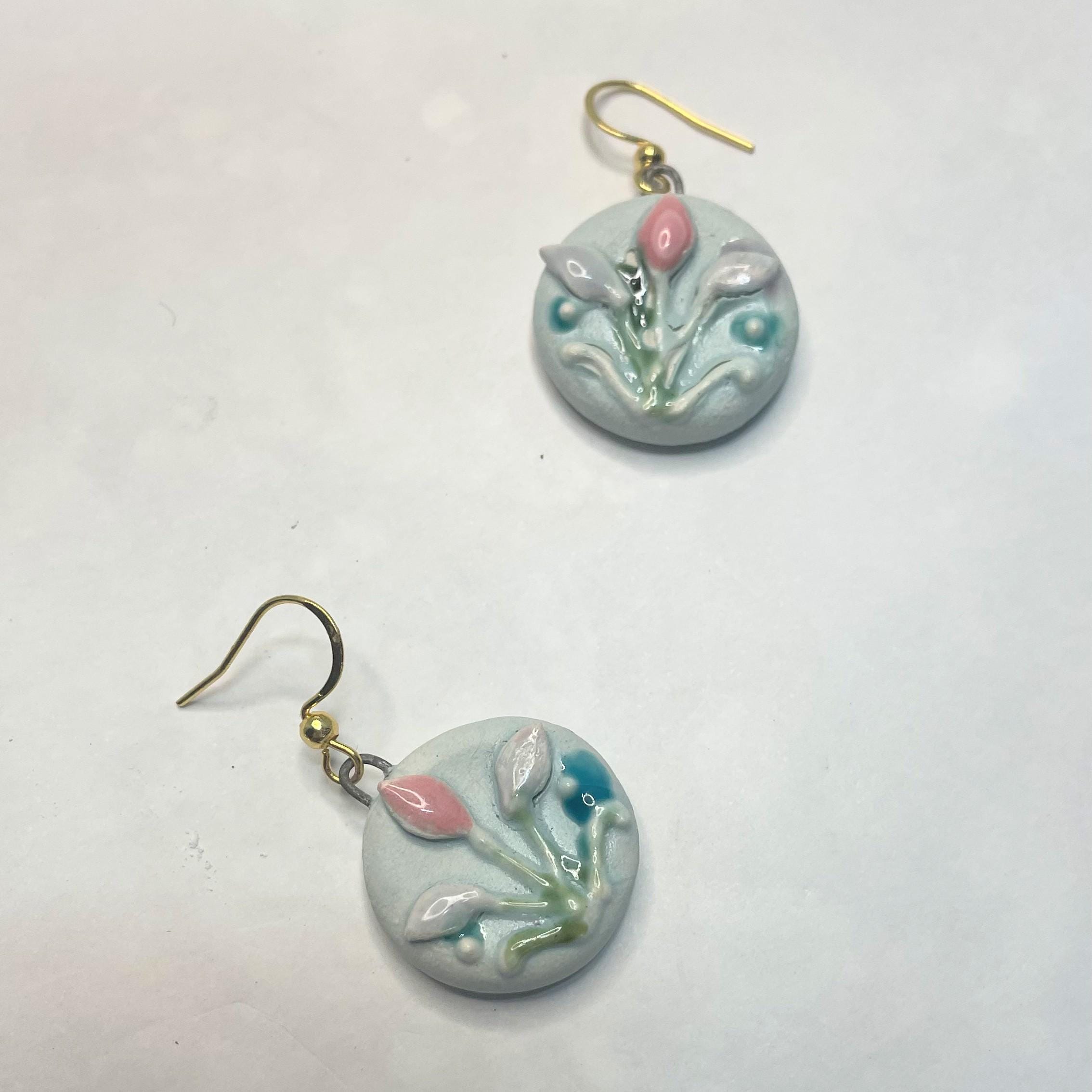 Round Flower Earring, Blue Ceramic Earrings, Sweet Girly Jewelery, Present for Women, Curious Gift for Her, Lovely Surprise for Friend