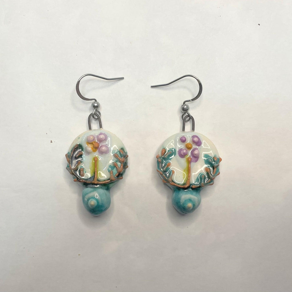Cute Square Earrings With Flowers, Ceramic Glazed Earring, Floral Jewelery to Gift for Women, Surprise for Mom, Blue Artsy Fashionable
