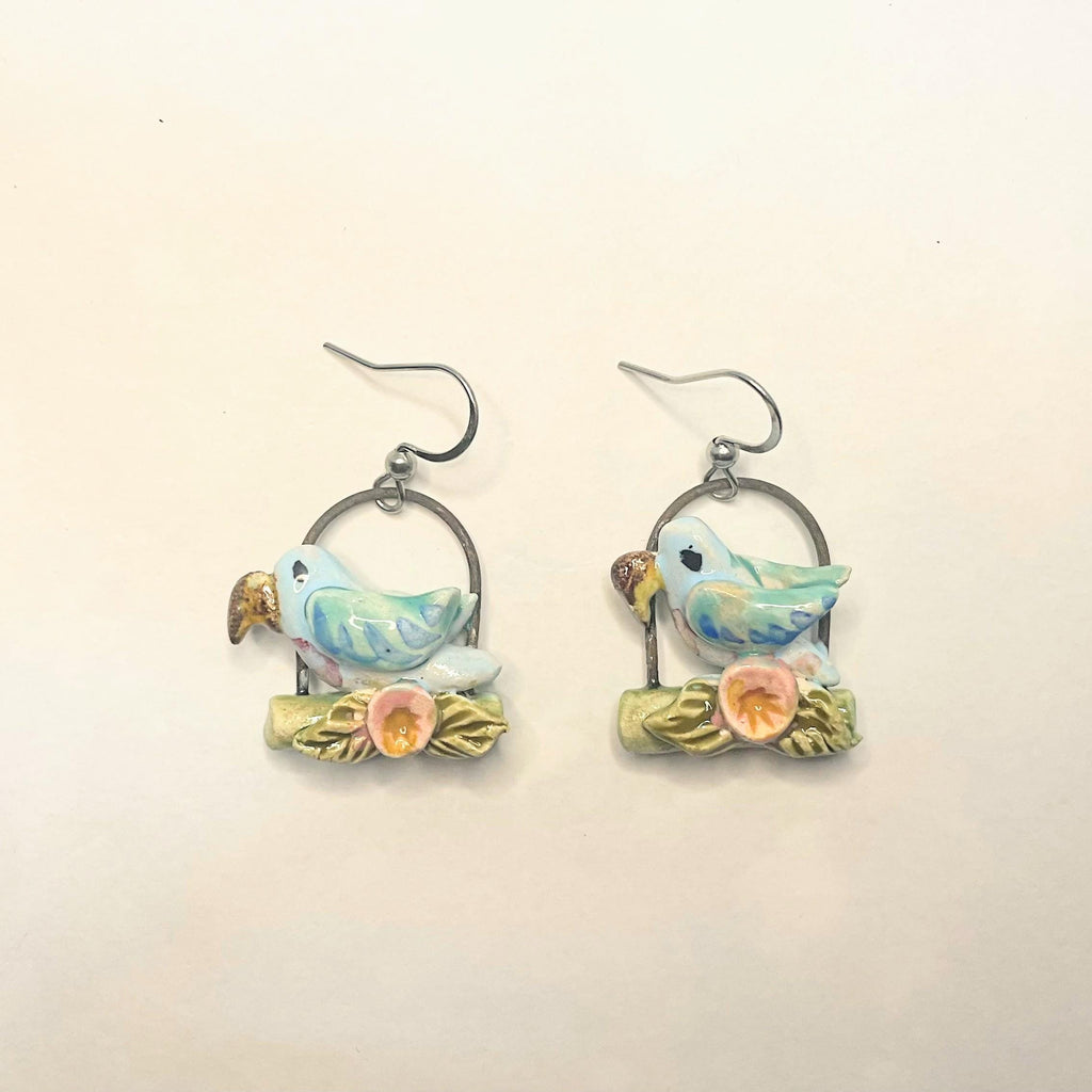 Colorful Earring with Parrots, Ceramic Jewelery