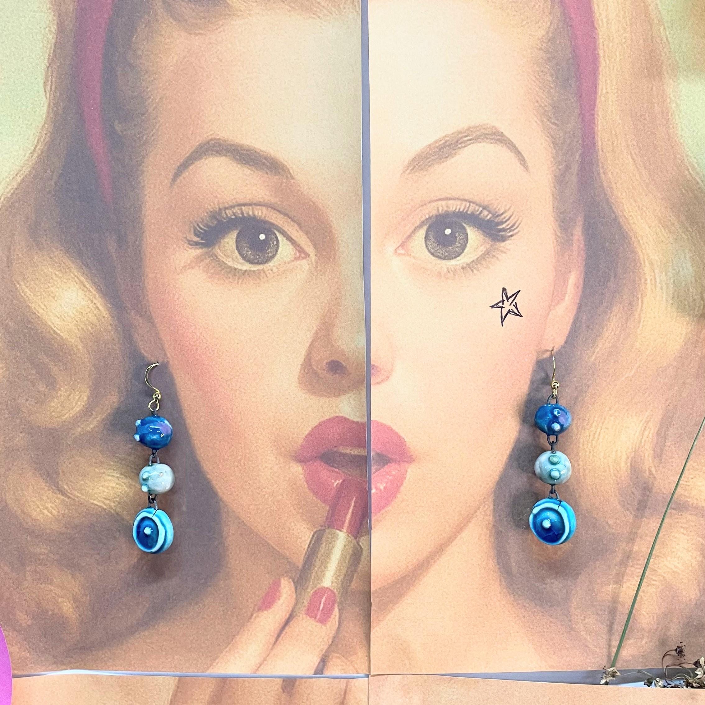 Drop Blue Earrings, Ceramic Pearls Jewelery