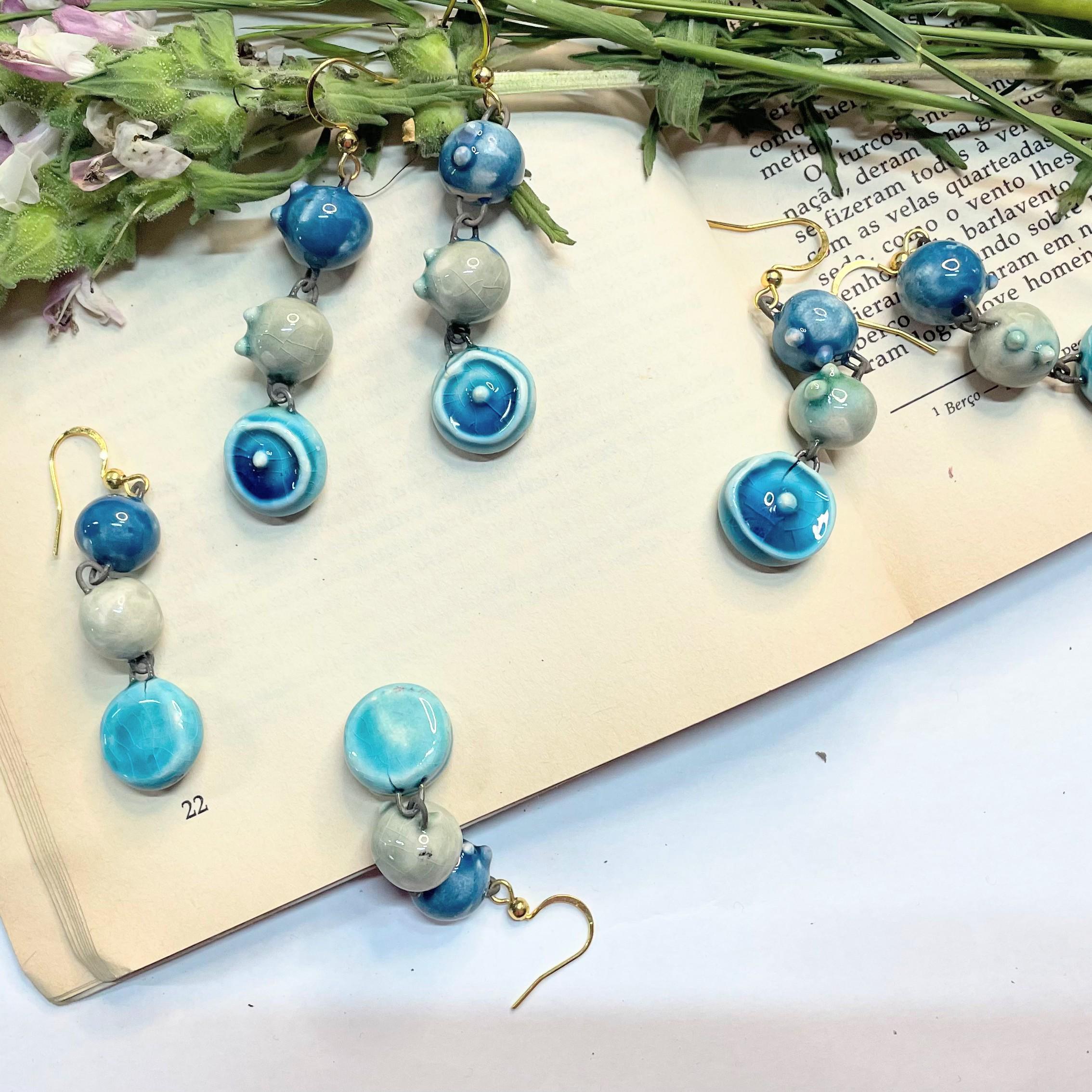 Drop Blue Earrings, Ceramic Pearls Jewelery
