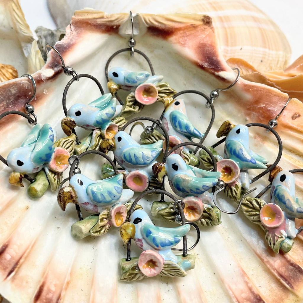 Colorful Earring with Parrots, Ceramic Jewelery
