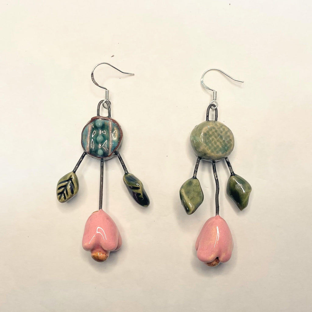 Pink Flower Earrings with Leaves