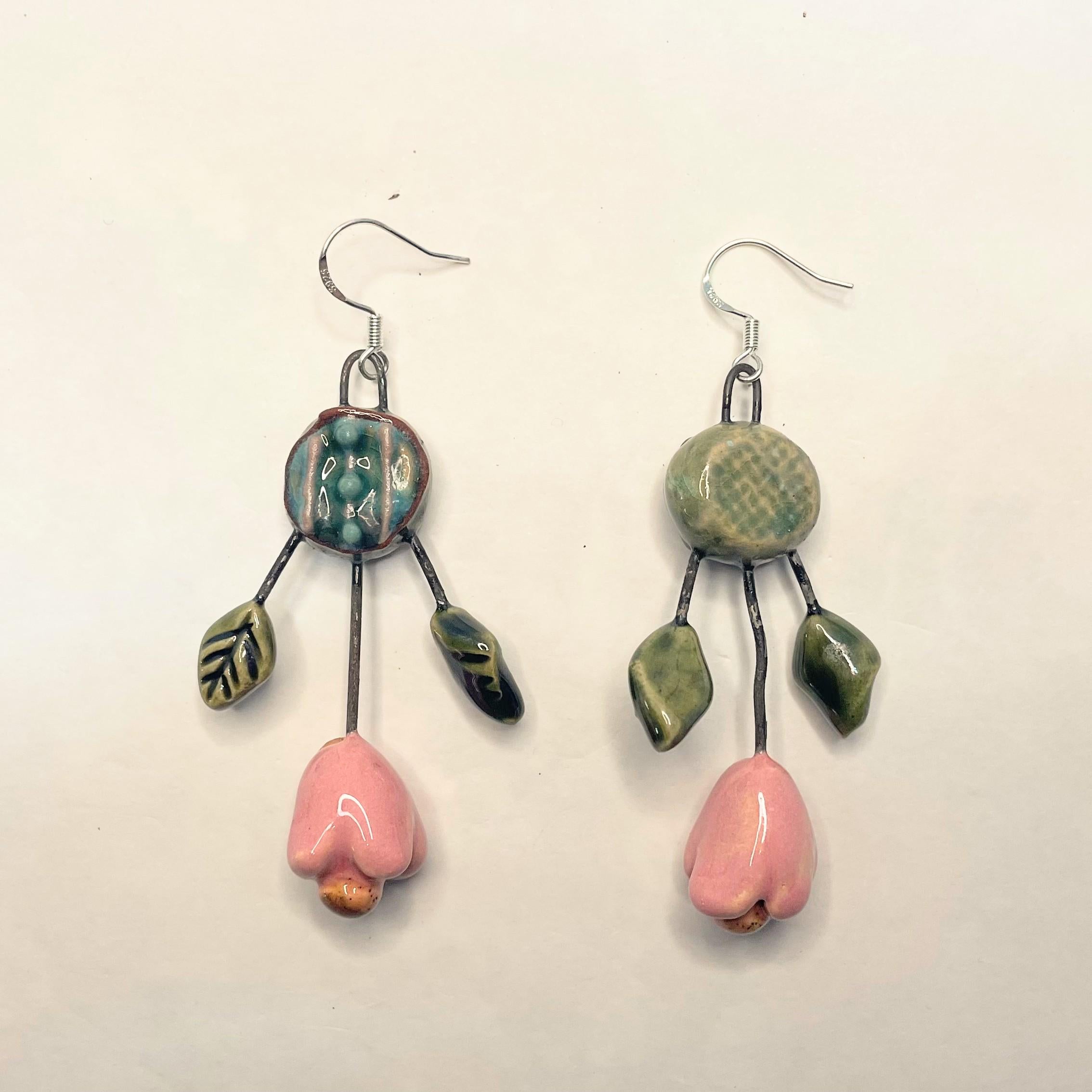 Pink Flower Earrings with Leaves