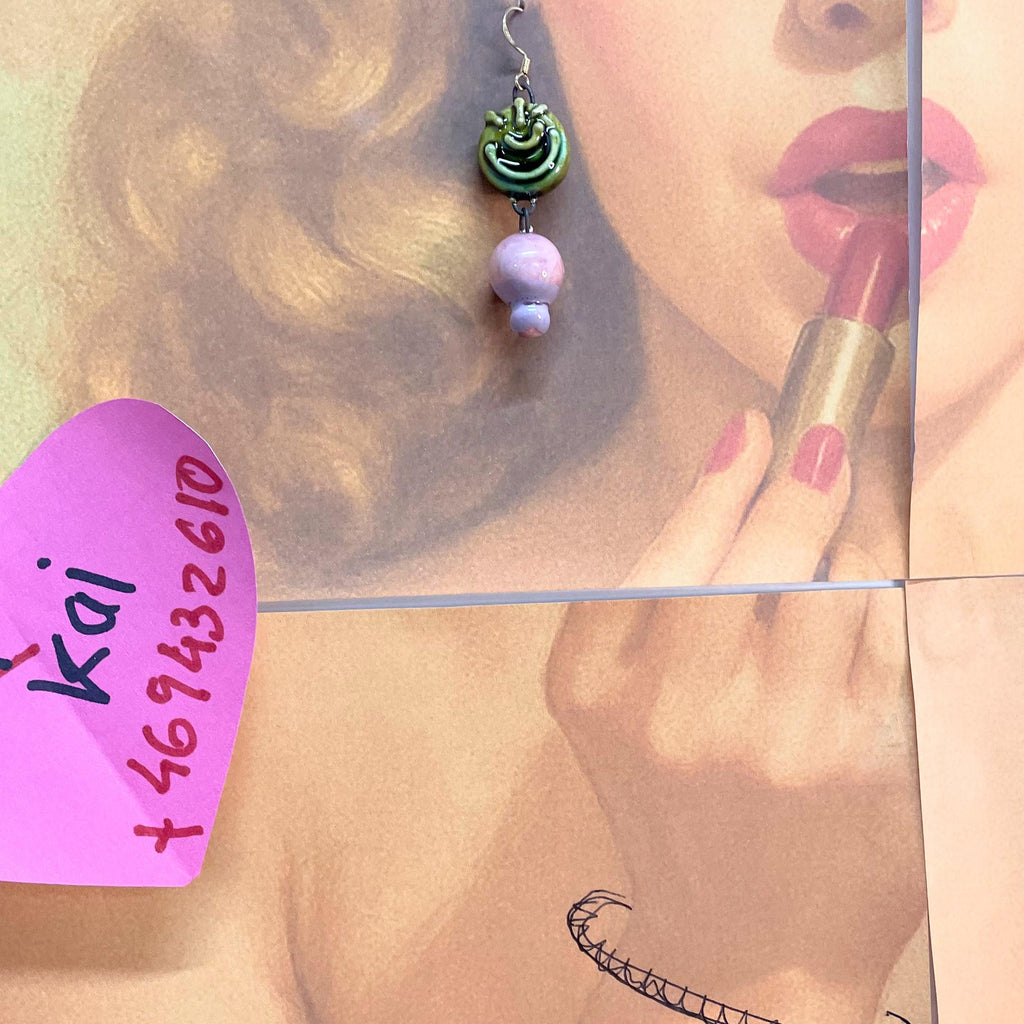 Green Medallion & Pink Earrings in Ceramic