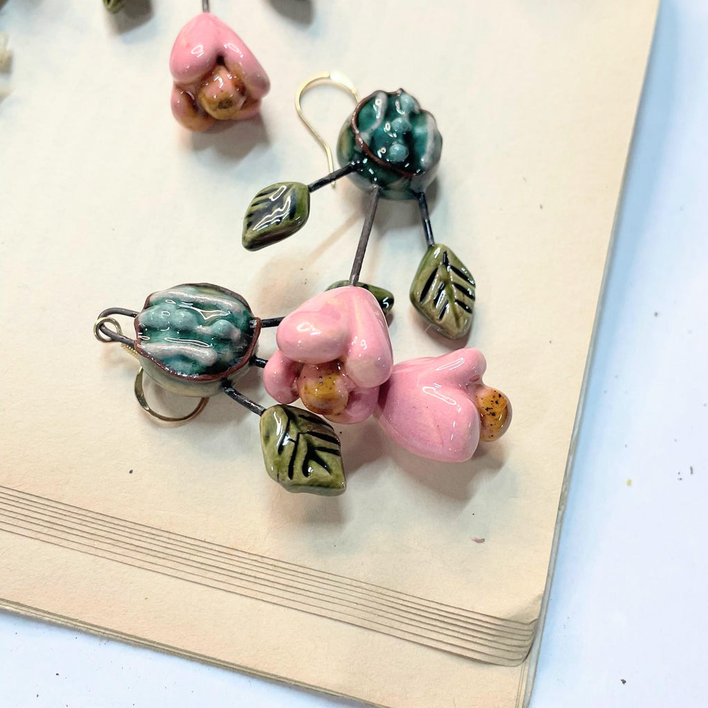 Pink Flower Earrings with Leaves