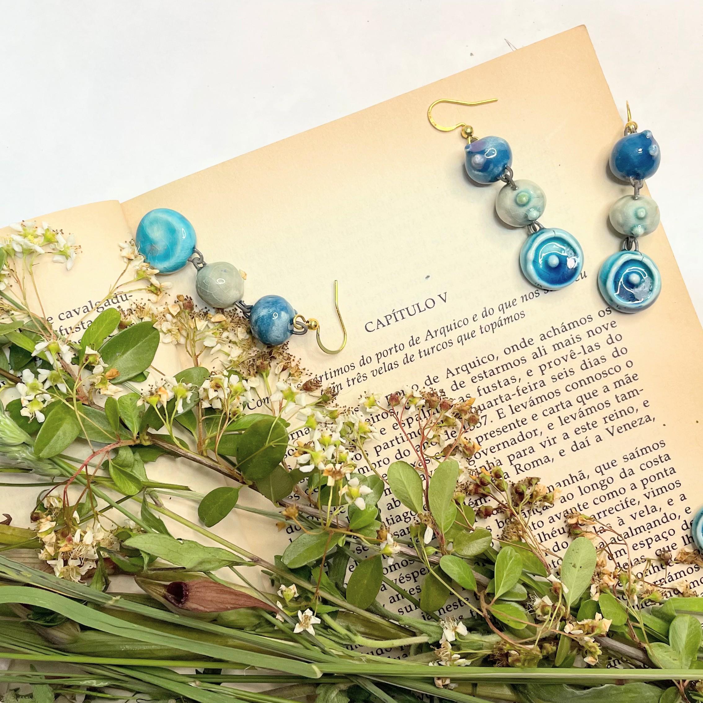 Drop Blue Earrings, Ceramic Pearls Jewelery