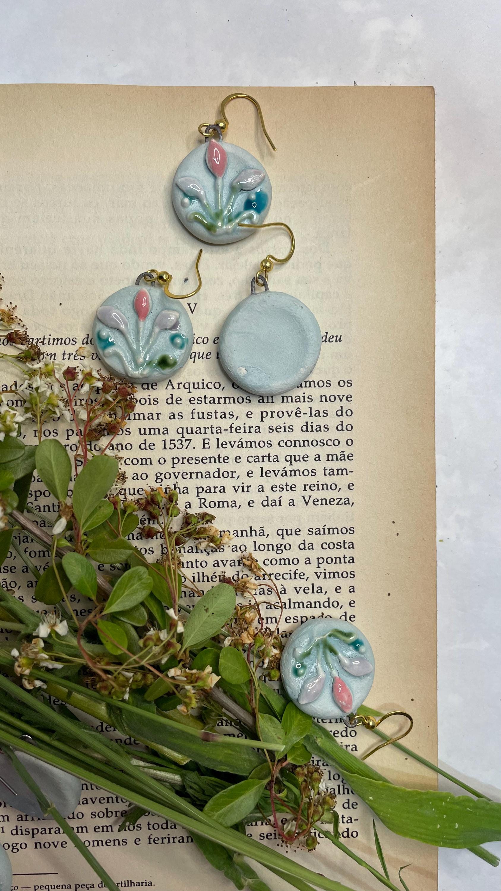 Round Flower Earring, Blue Ceramic Earrings, Sweet Girly Jewelery, Present for Women, Curious Gift for Her, Lovely Surprise for Friend