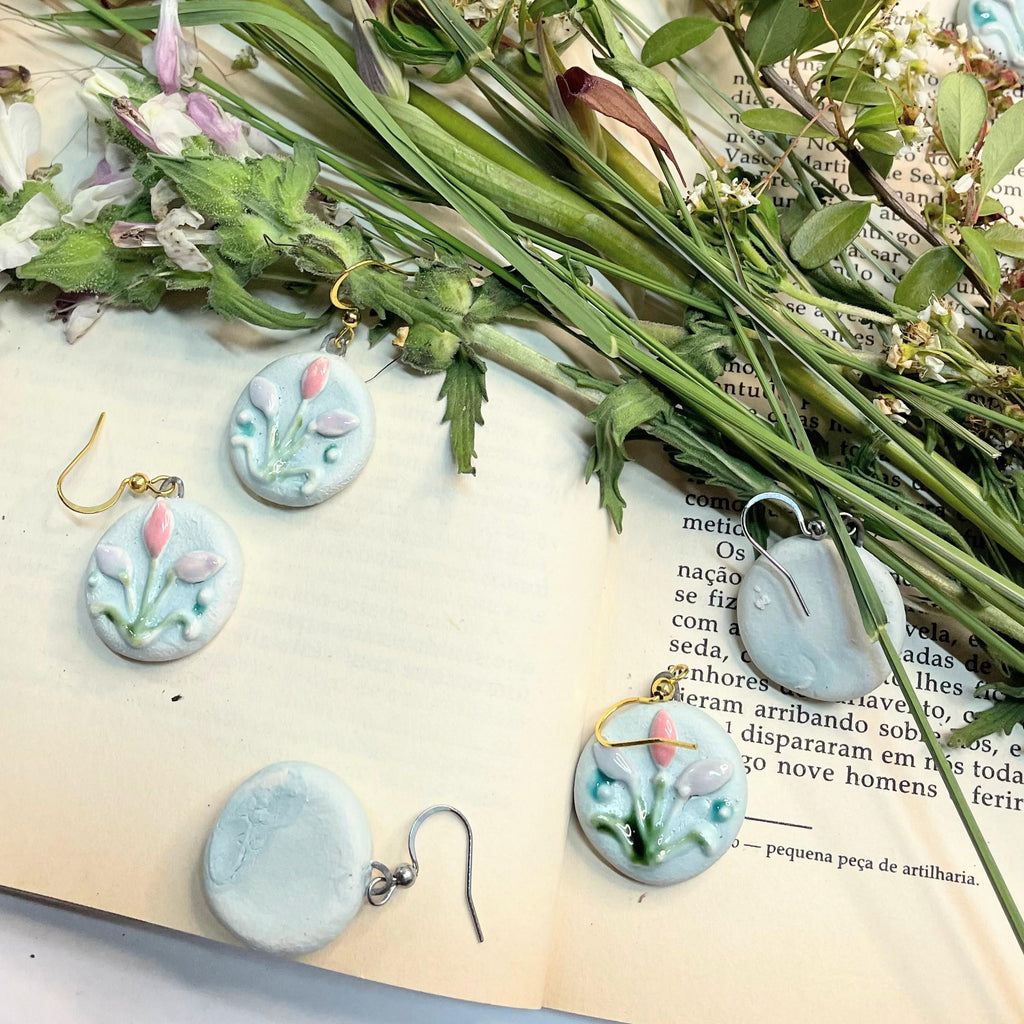 Round Flower Earring, Blue Ceramic Earrings, Sweet Girly Jewelery, Present for Women, Curious Gift for Her, Lovely Surprise for Friend
