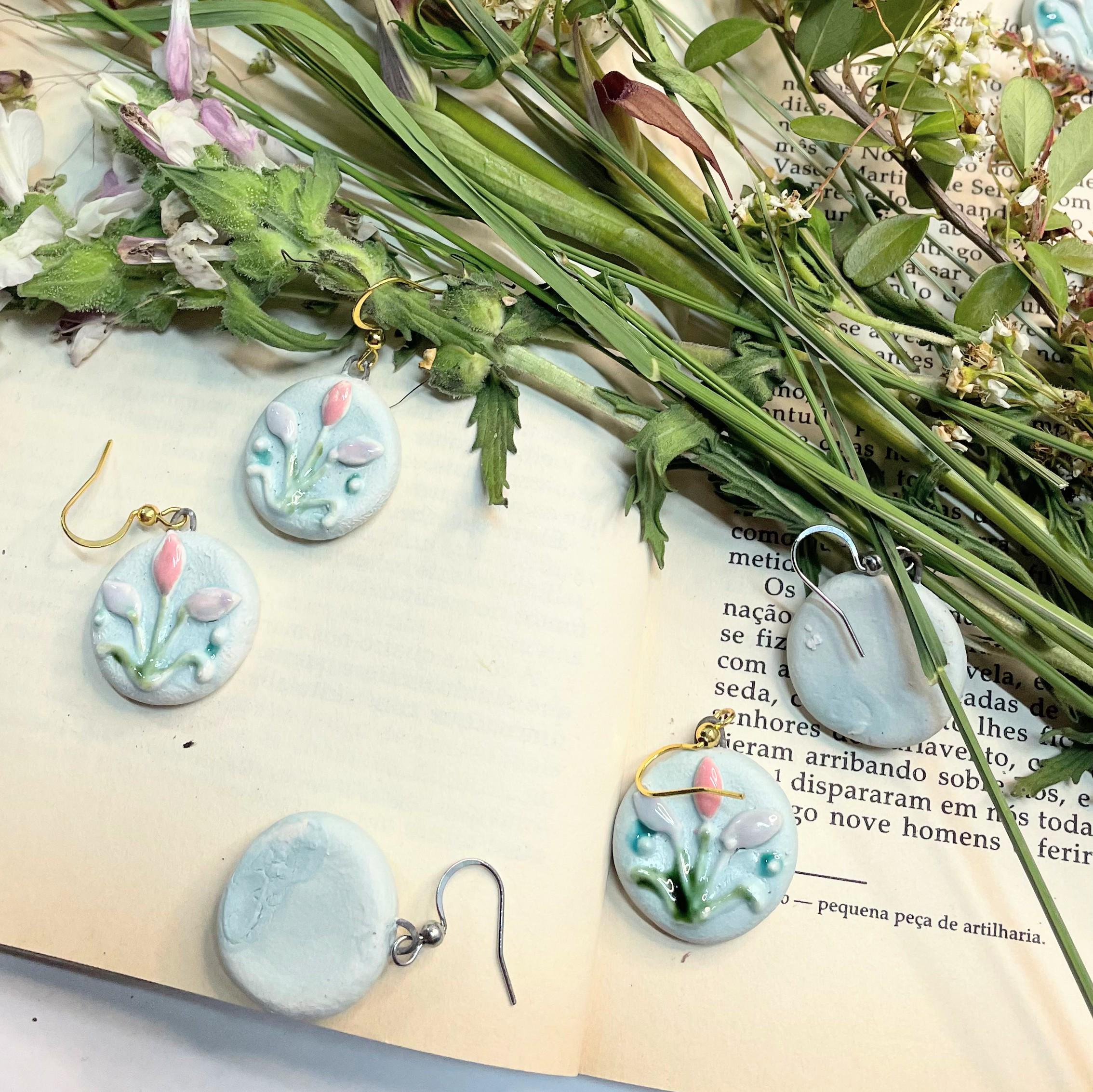 Round Flower Earring, Blue Ceramic Earrings, Sweet Girly Jewelery, Present for Women, Curious Gift for Her, Lovely Surprise for Friend