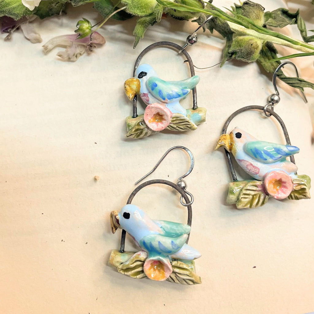 Colorful Earring with Parrots, Ceramic Jewelery