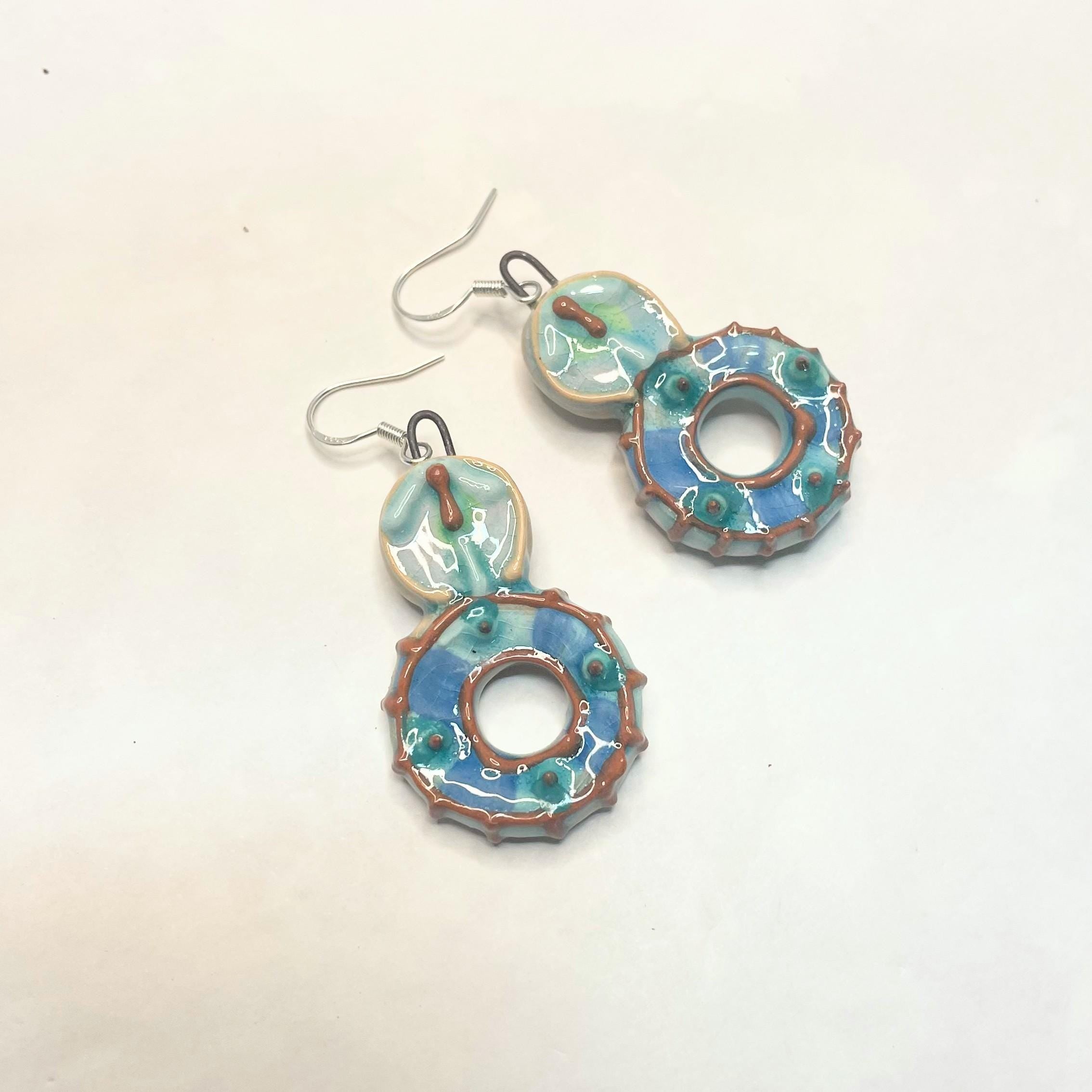 Handmade Ceramic Round Earrings in Blue