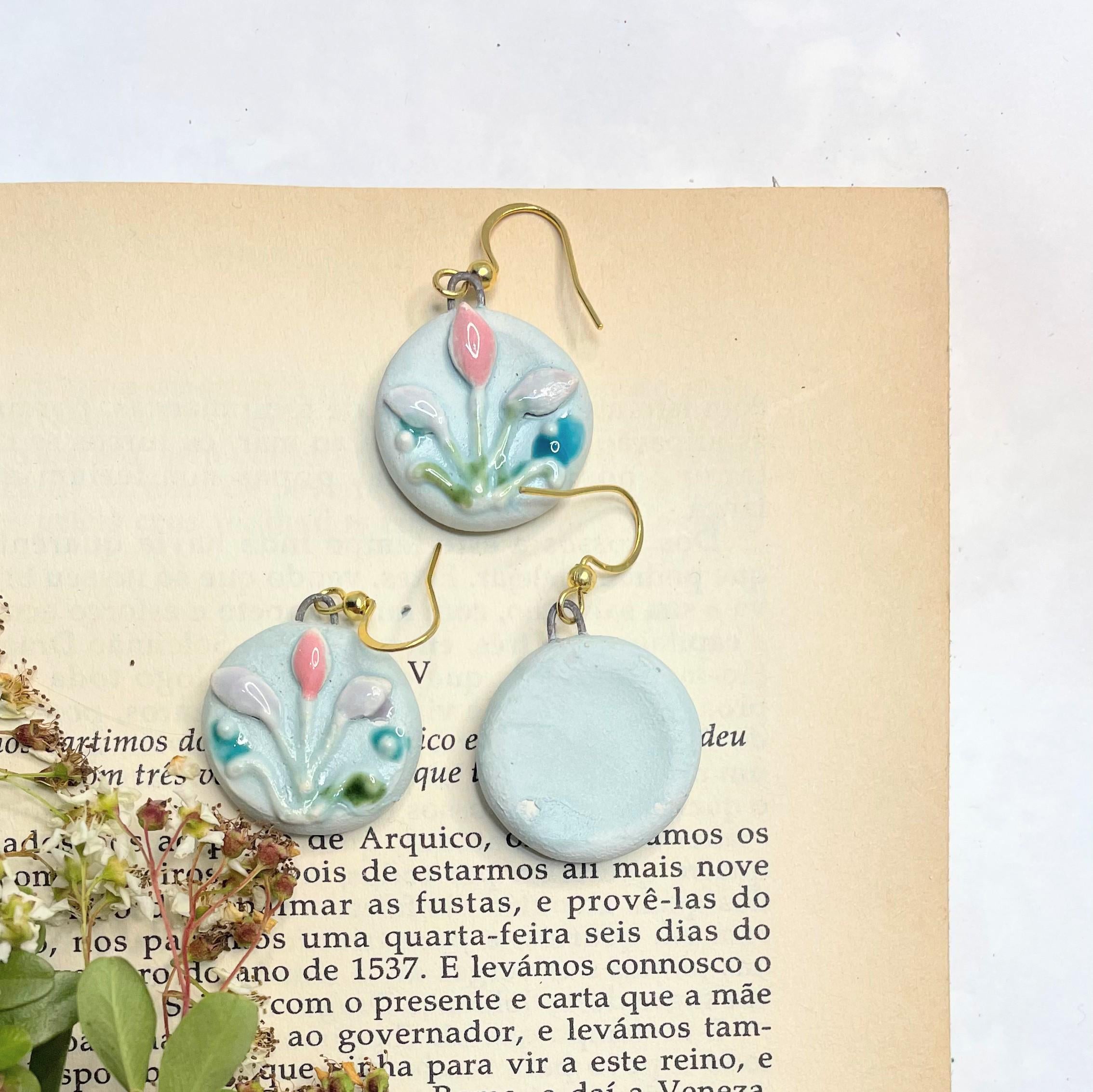 Round Flower Earring, Blue Ceramic Earrings, Sweet Girly Jewelery, Present for Women, Curious Gift for Her, Lovely Surprise for Friend