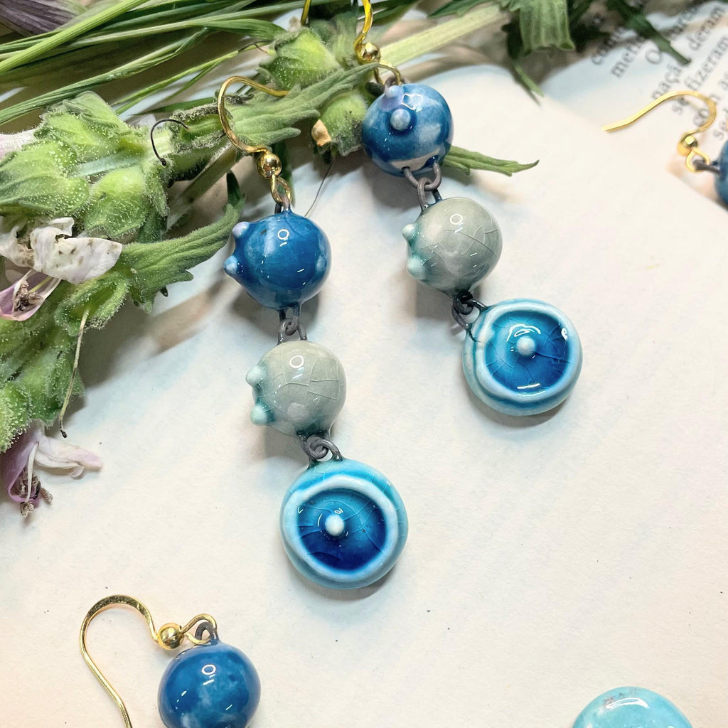 Drop Blue Earrings, Ceramic Pearls Jewelery