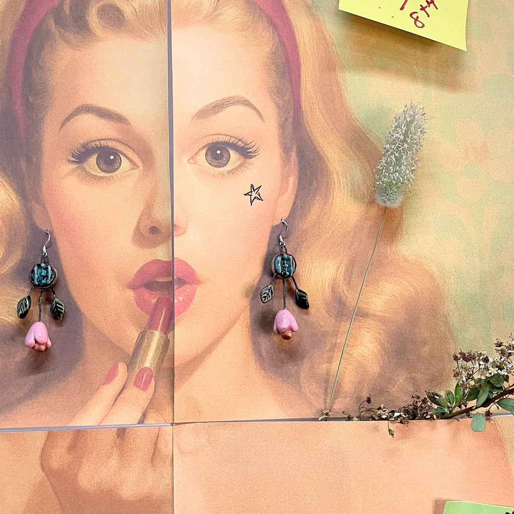 Pink Flower Earrings with Leaves