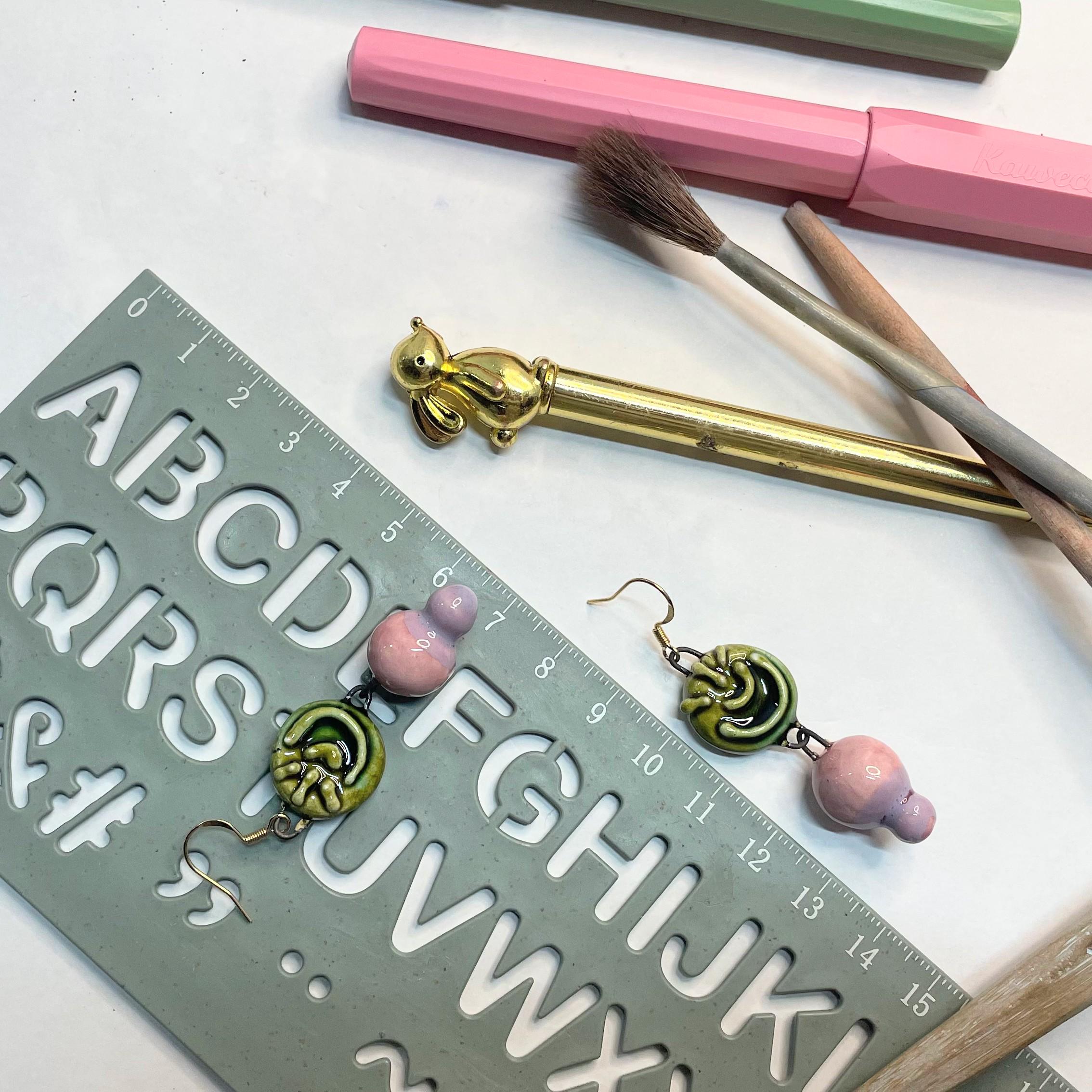 Green Medallion & Pink Earrings in Ceramic