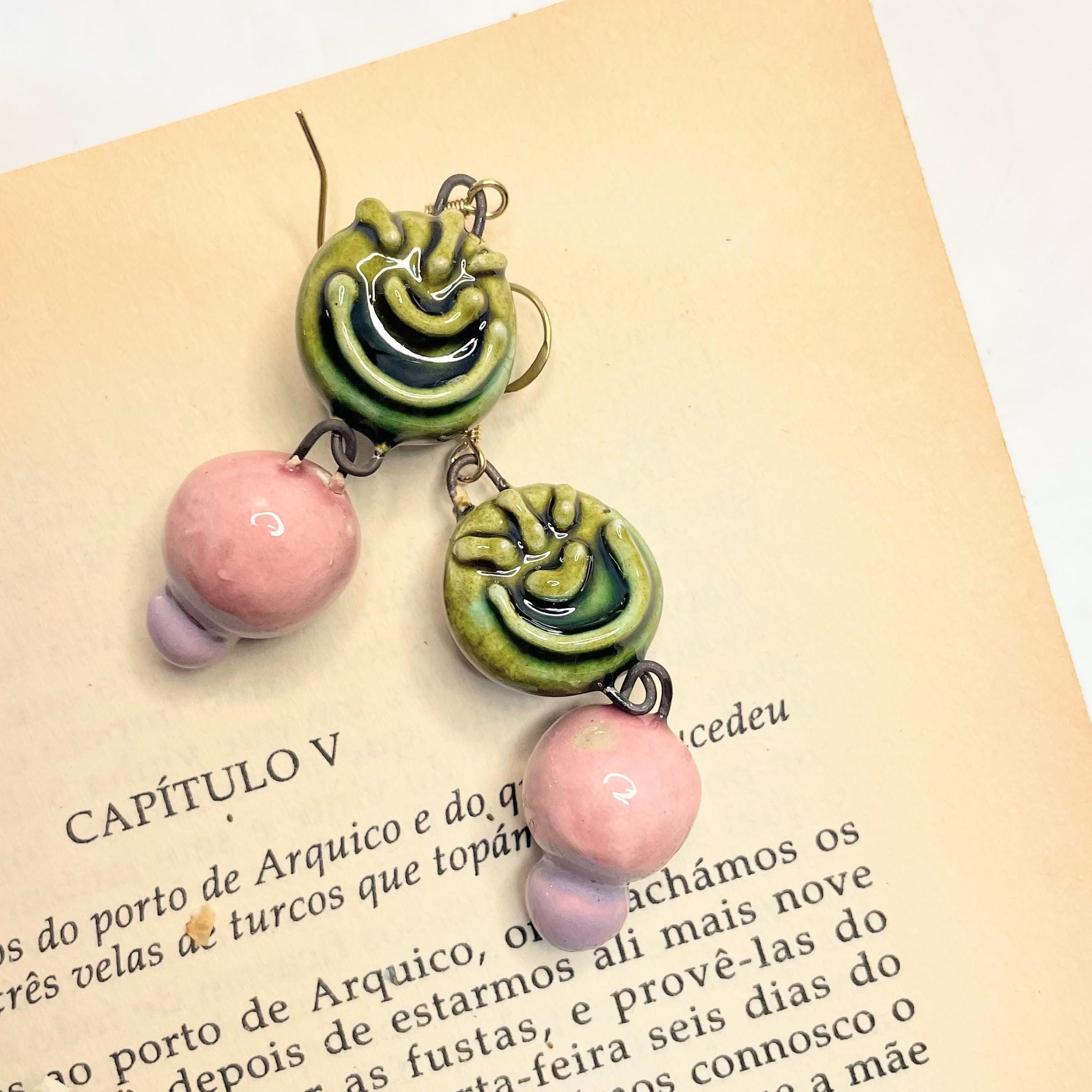 Green Medallion & Pink Earrings in Ceramic