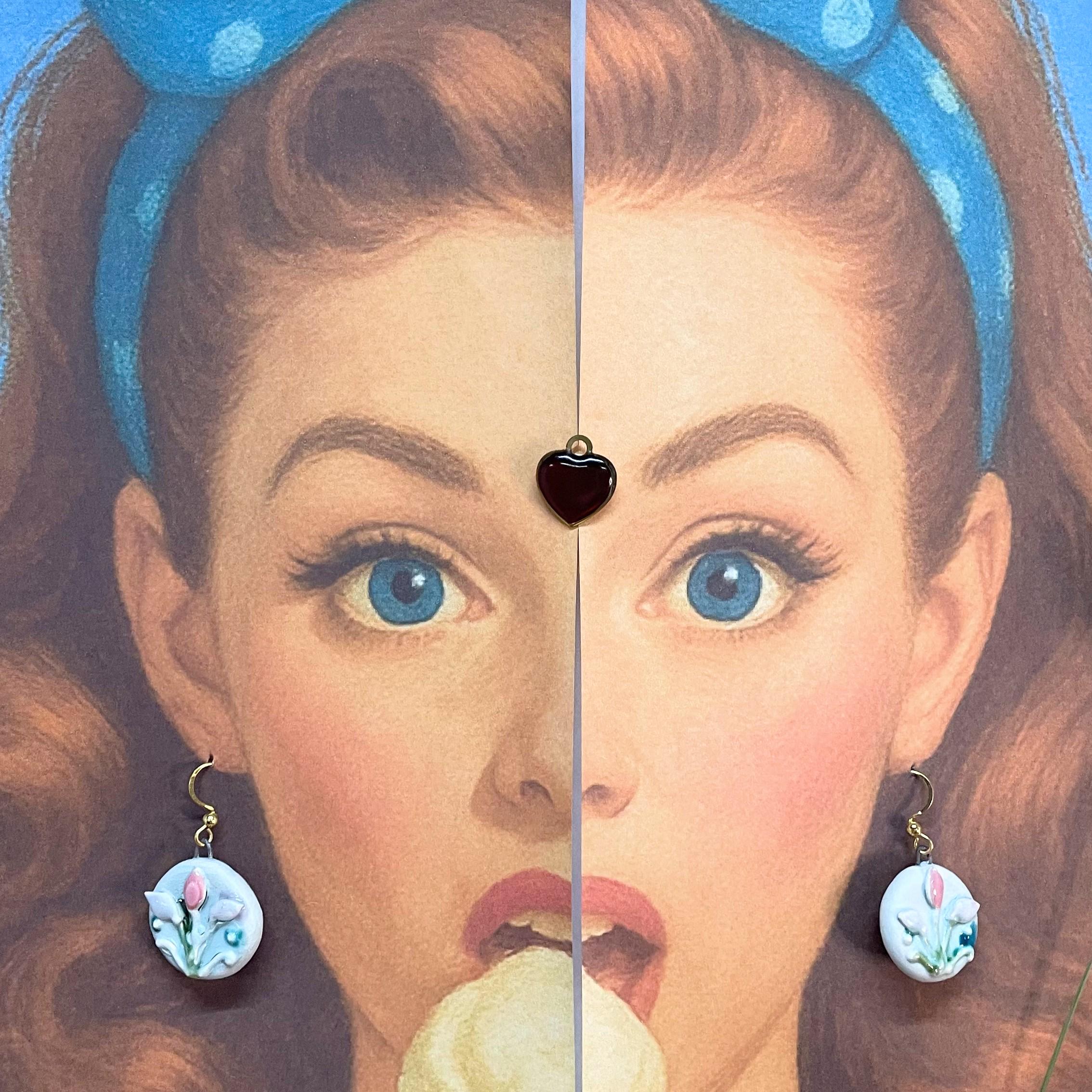 Round Flower Earring, Blue Ceramic Earrings, Sweet Girly Jewelery, Present for Women, Curious Gift for Her, Lovely Surprise for Friend