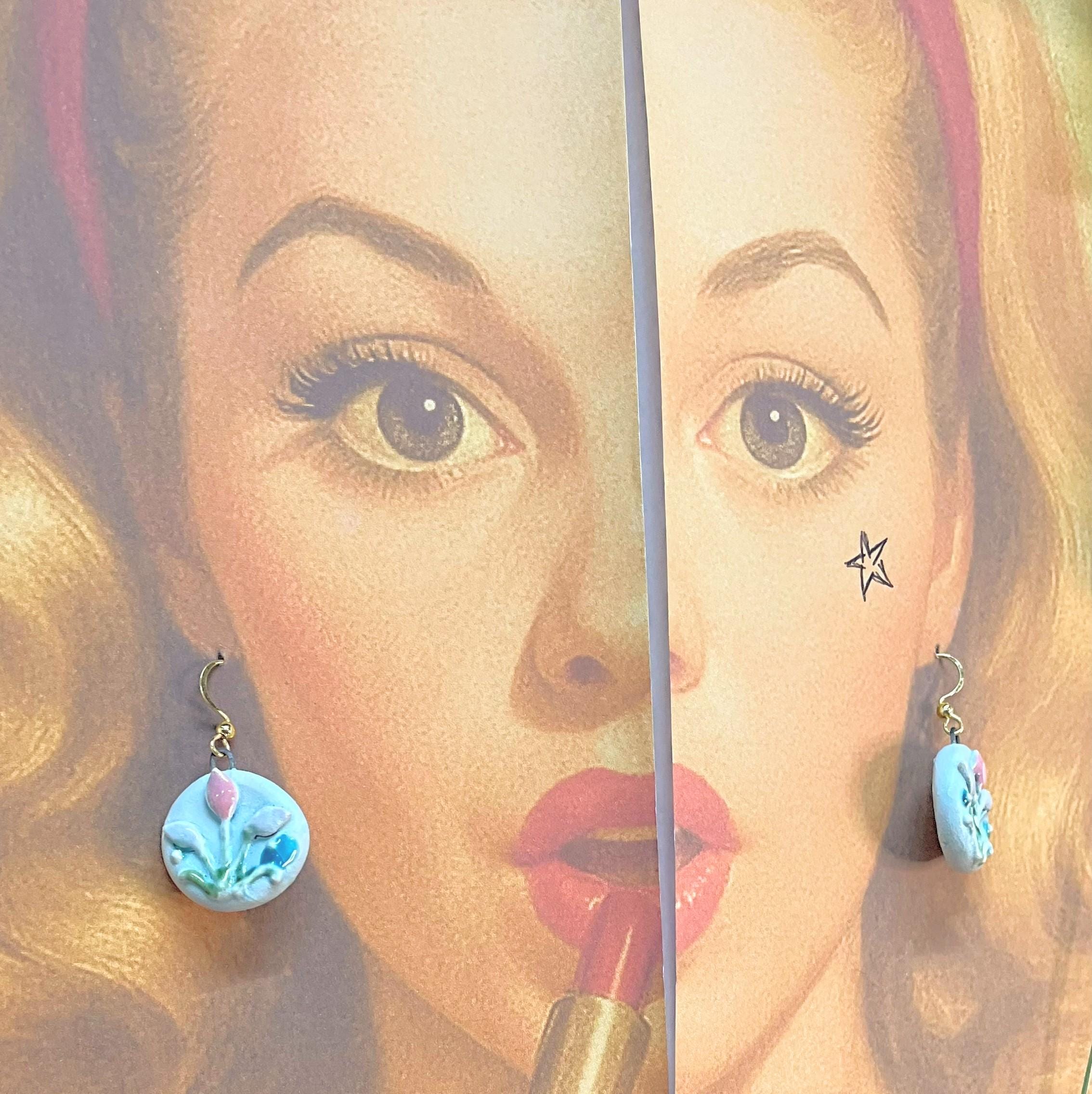 Round Flower Earring, Blue Ceramic Earrings, Sweet Girly Jewelery, Present for Women, Curious Gift for Her, Lovely Surprise for Friend