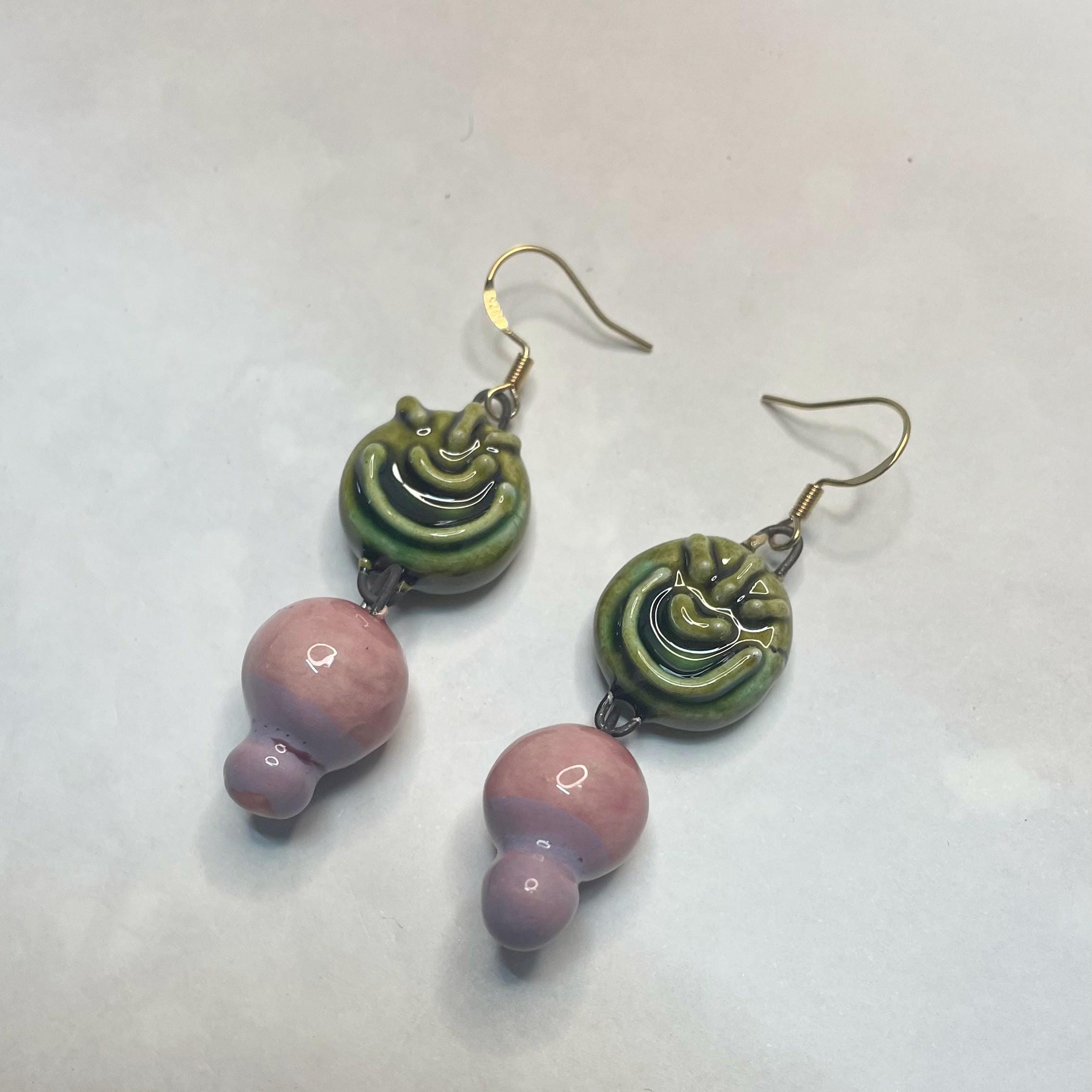 Green Medallion & Pink Earrings in Ceramic