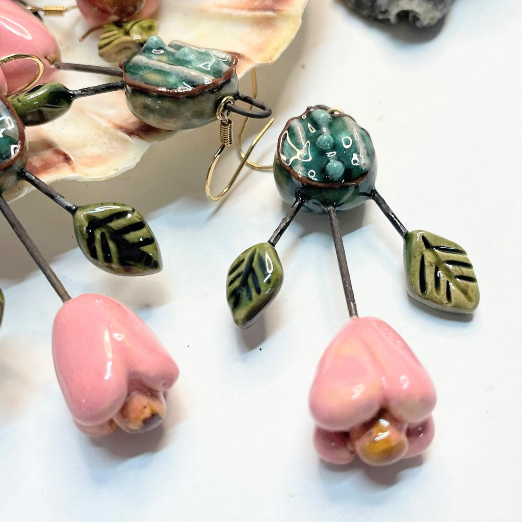 Pink Flower Earrings with Leaves