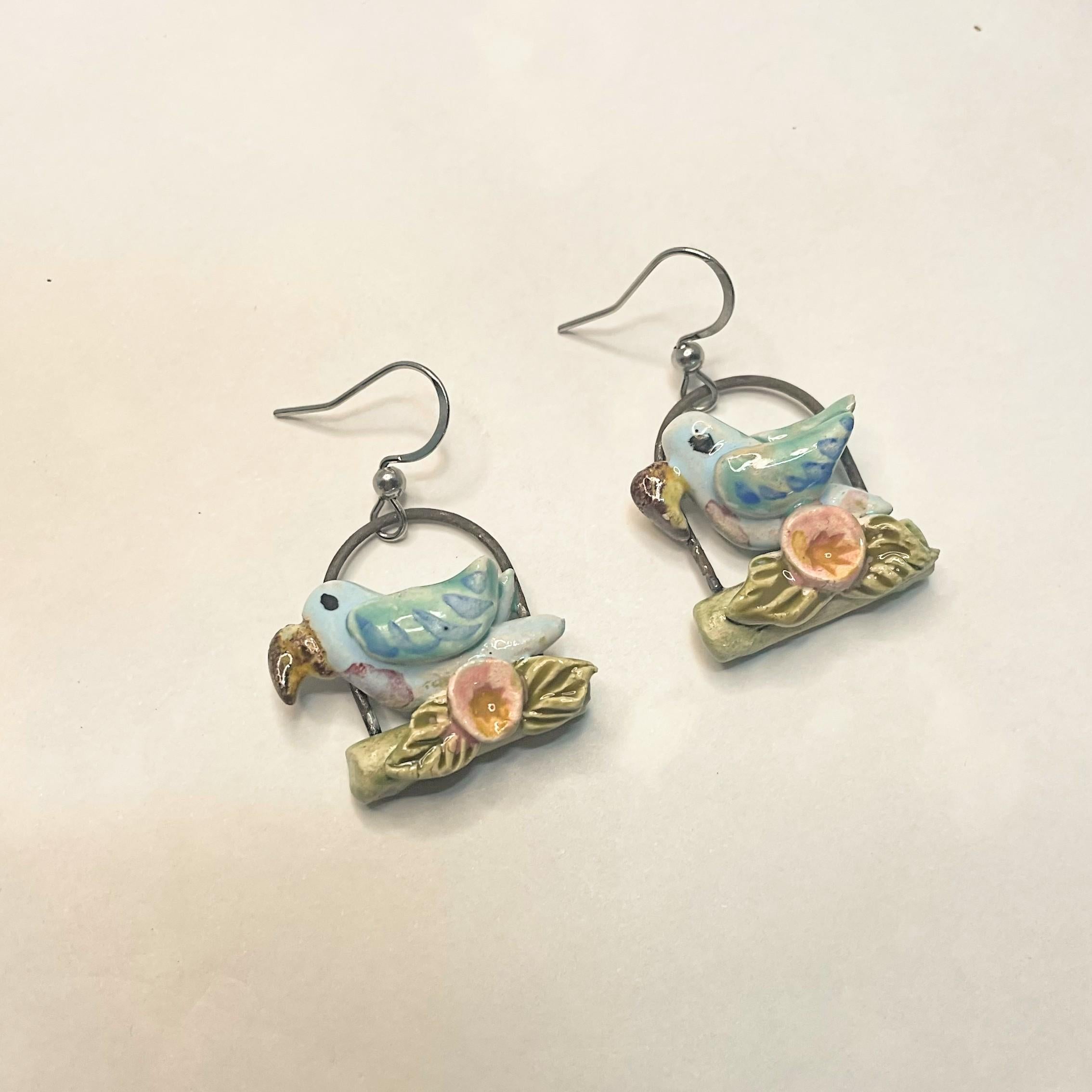 Colorful Earring with Parrots, Ceramic Jewelery