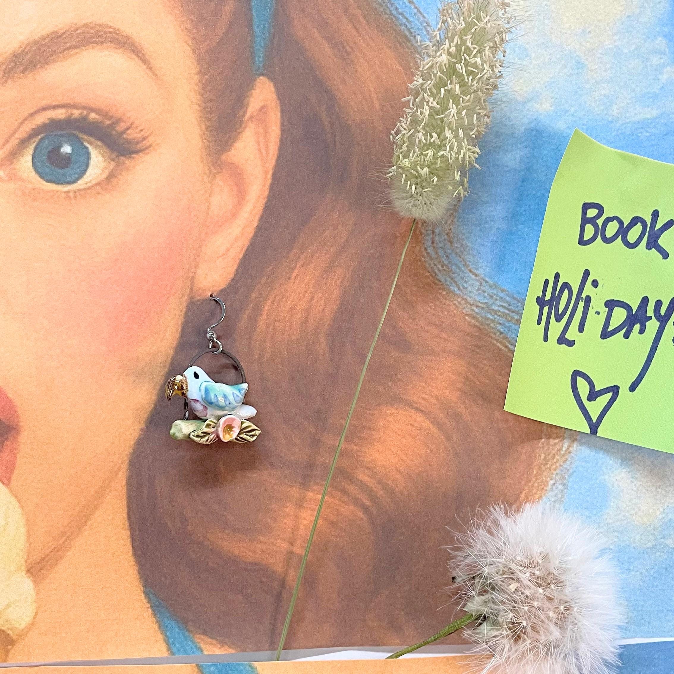 Colorful Earring with Parrots, Ceramic Jewelery