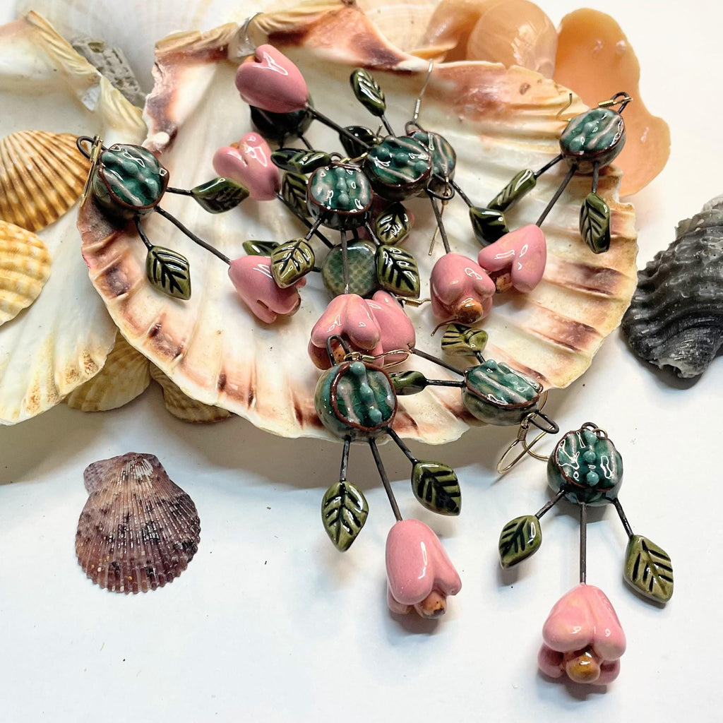 Pink Flower Earrings with Leaves