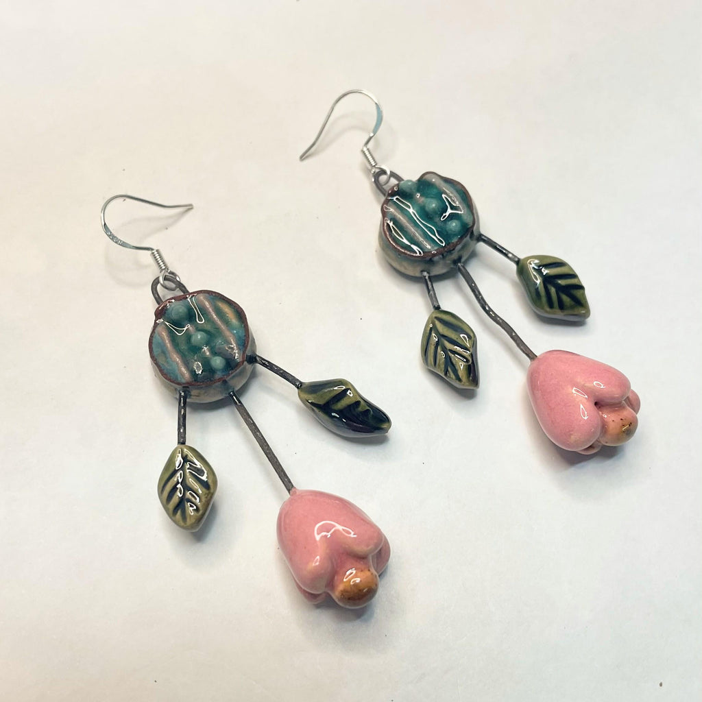 Pink Flower Earrings with Leaves