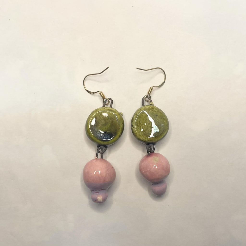 Green Medallion & Pink Earrings in Ceramic