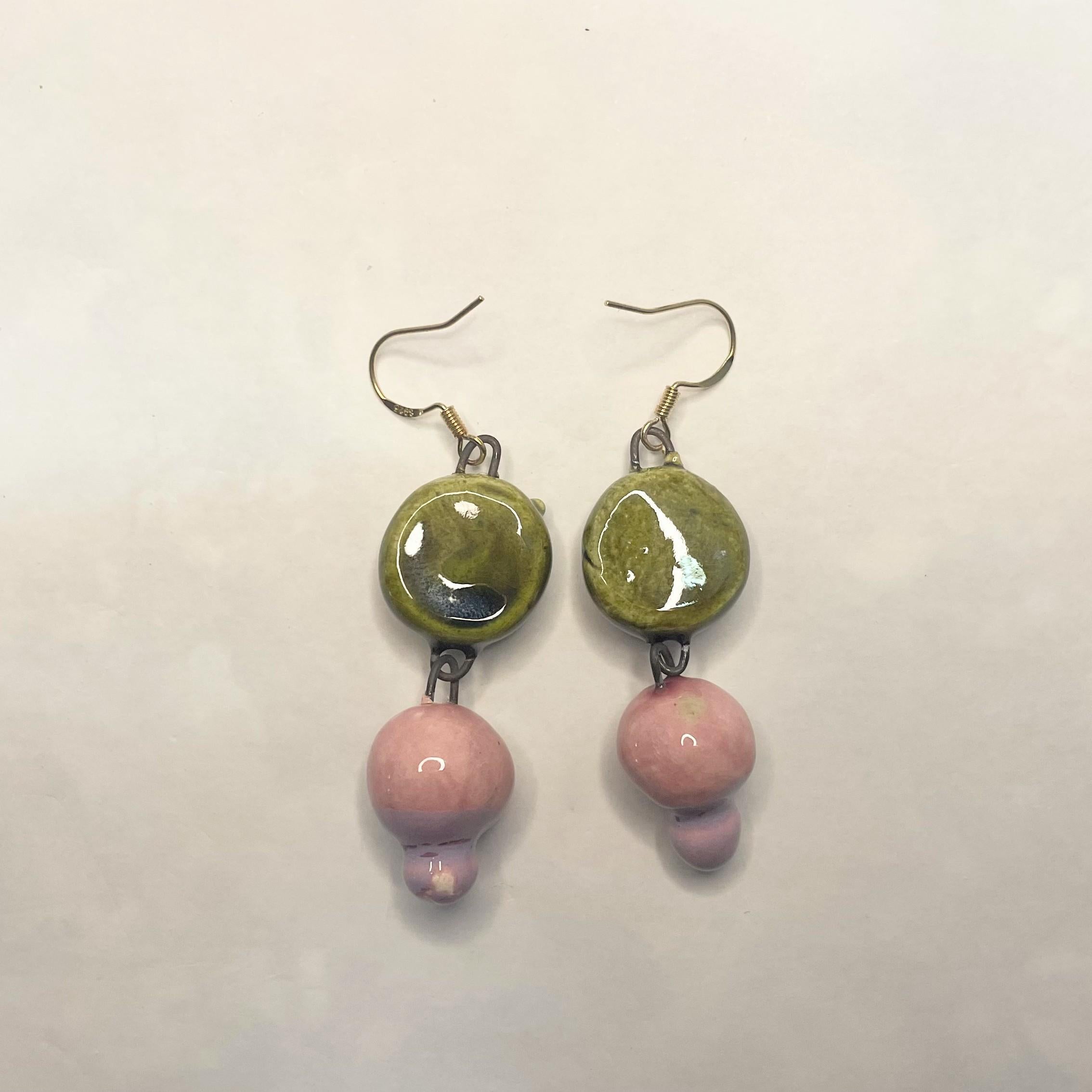 Green Medallion & Pink Earrings in Ceramic