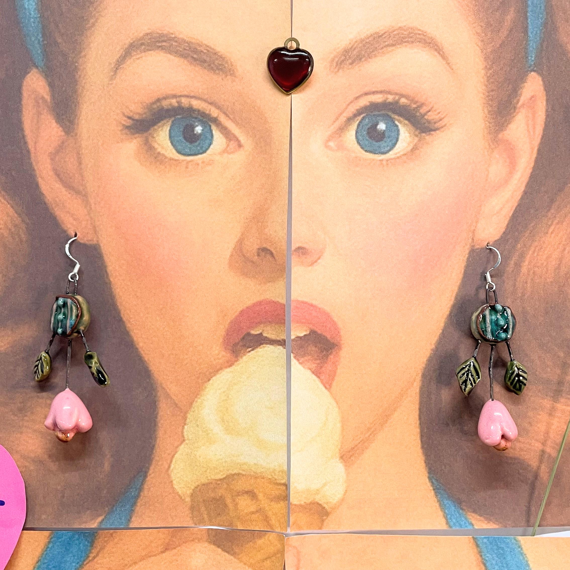 Pink Flower Earrings with Leaves