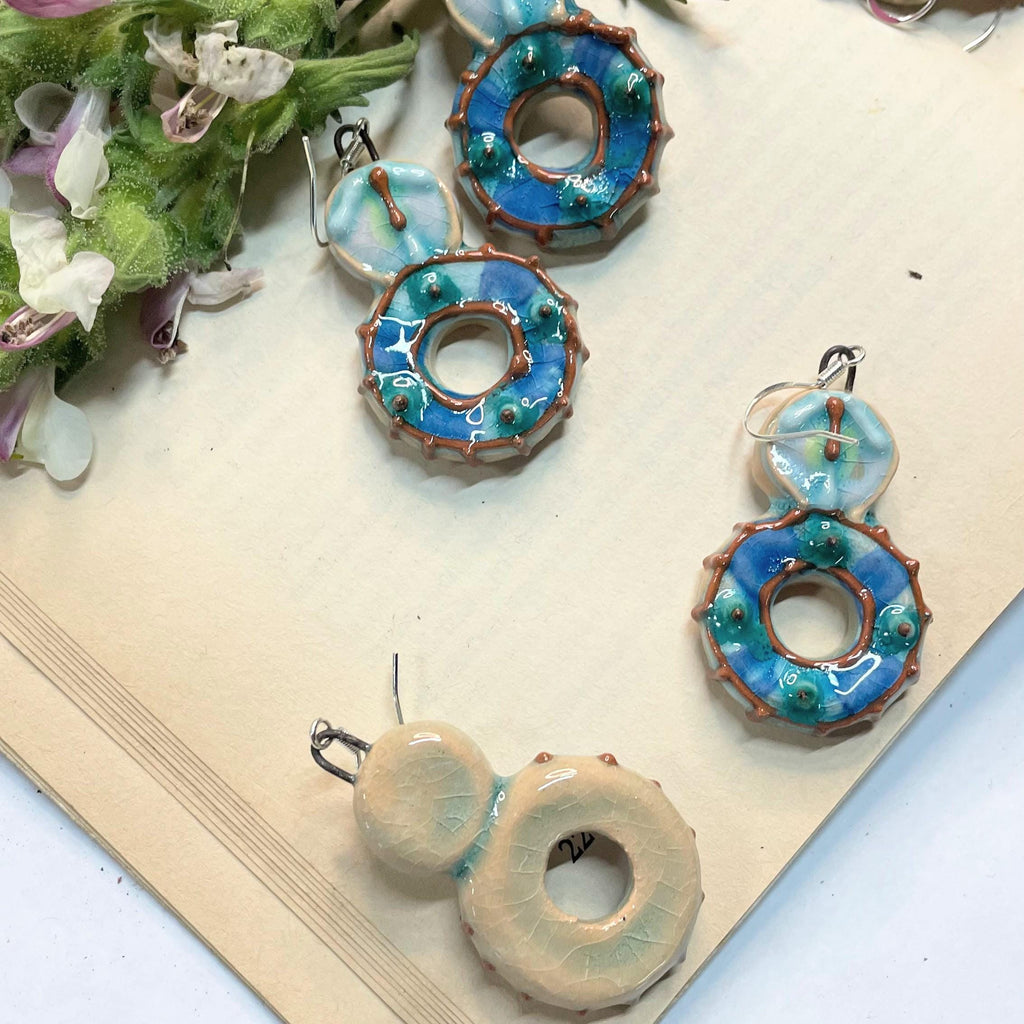 Handmade Ceramic Round Earrings in Blue