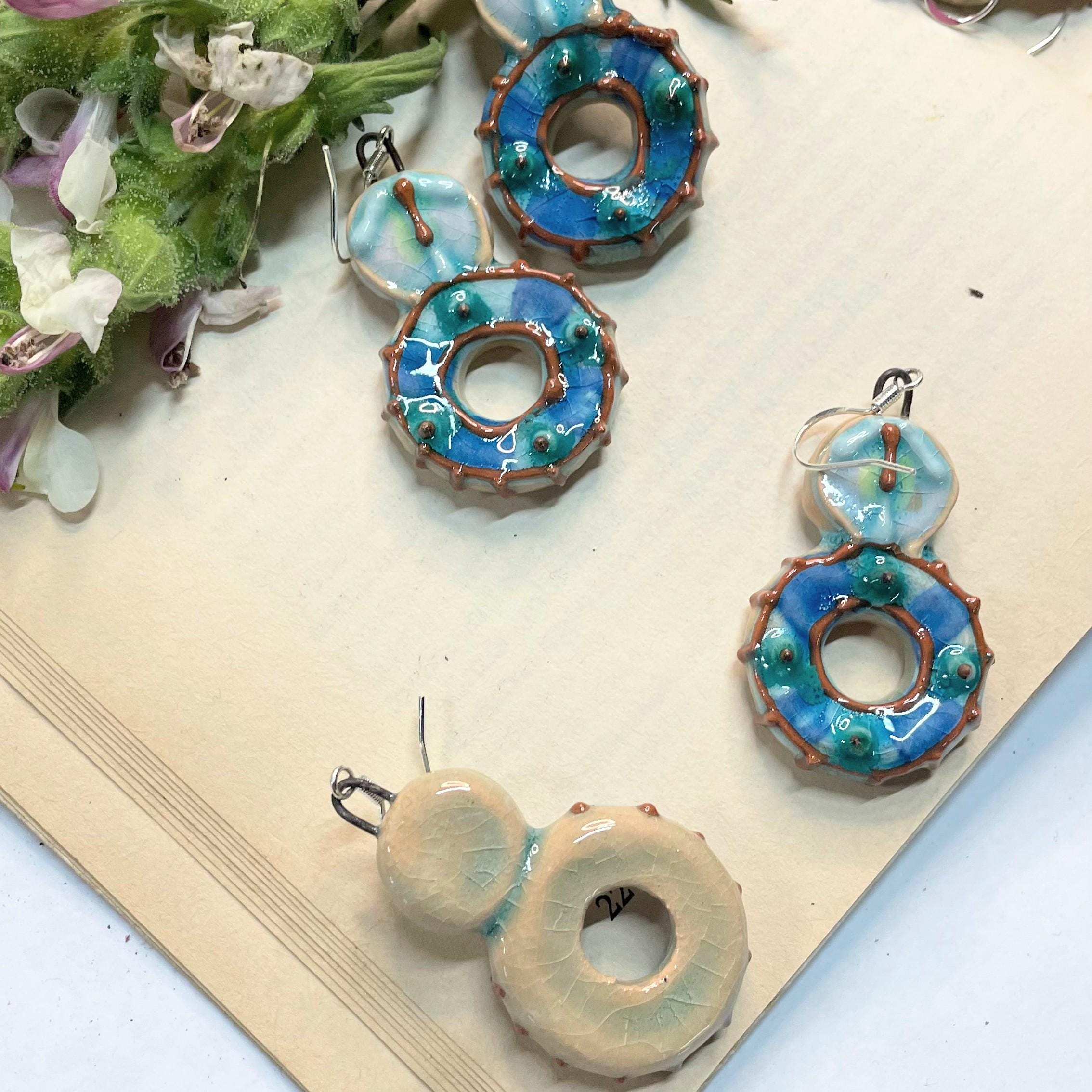 Handmade Ceramic Round Earrings in Blue