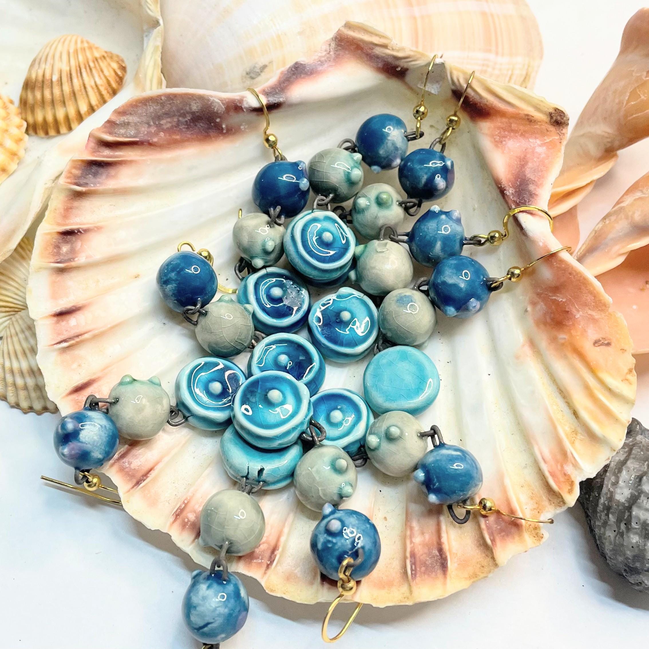 Drop Blue Earrings, Ceramic Pearls Jewelery