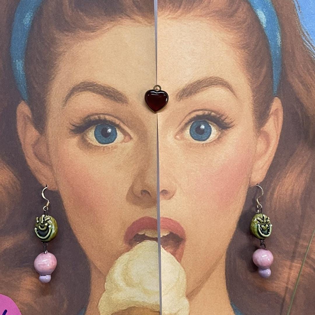 Green Medallion & Pink Earrings in Ceramic