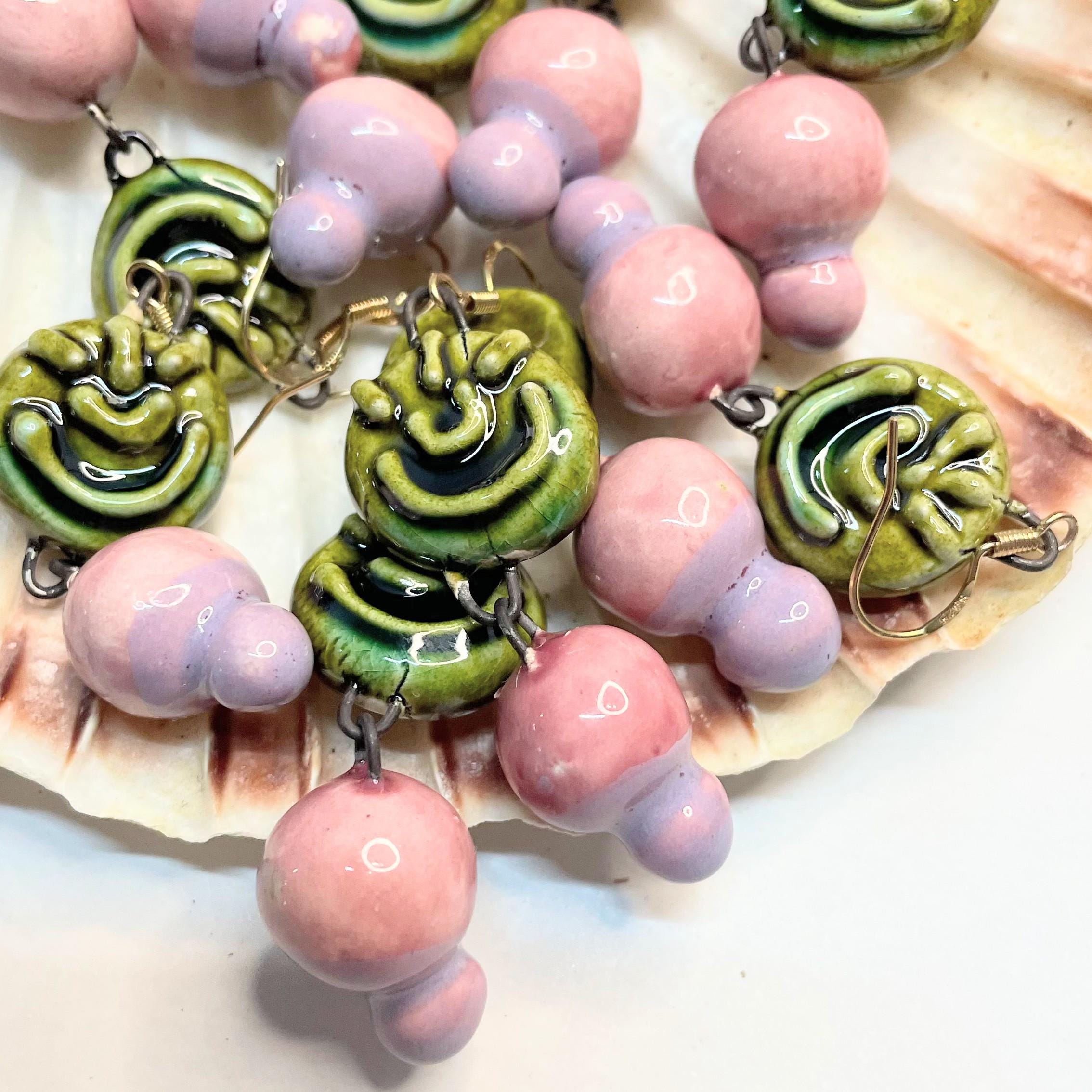 Green Medallion & Pink Earrings in Ceramic