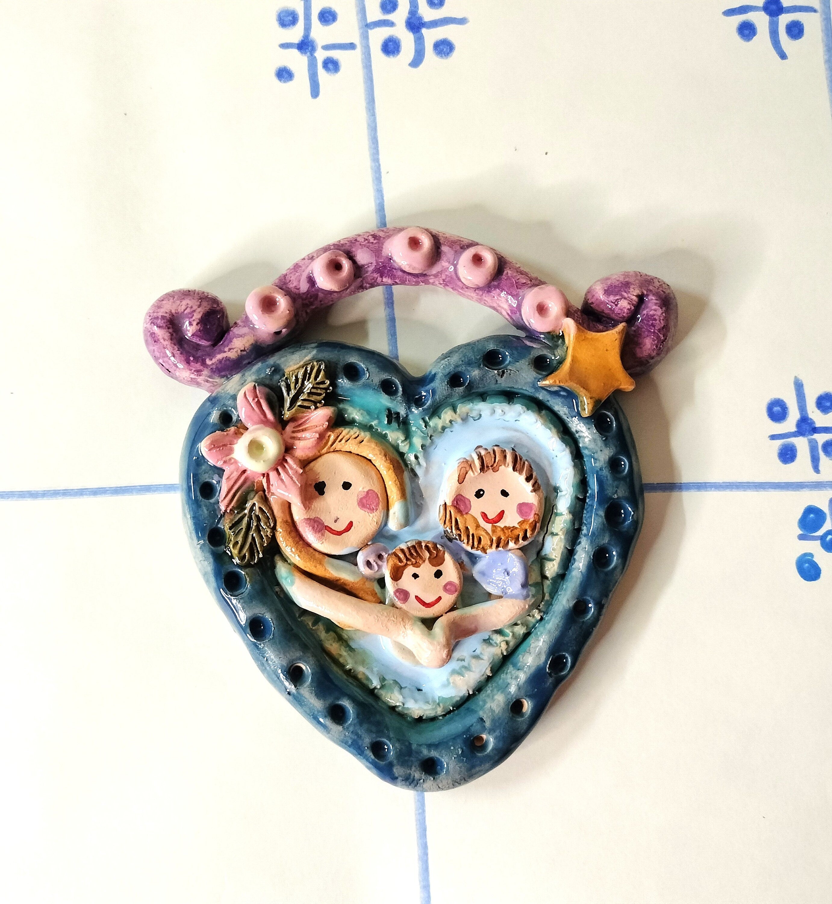 Heart Christmas Decoration, Ceramic Nativity Scene