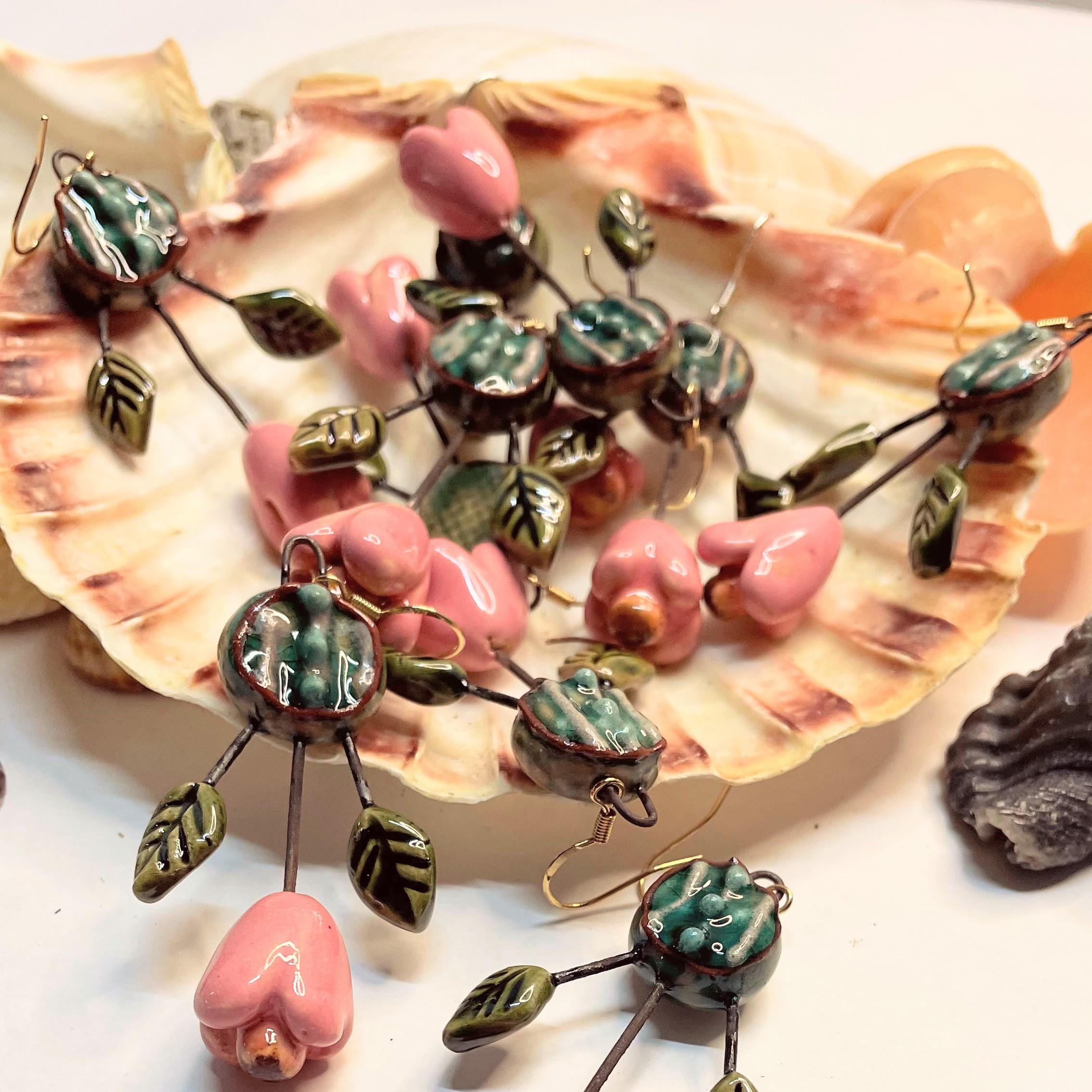 Pink Flower Earrings with Leaves