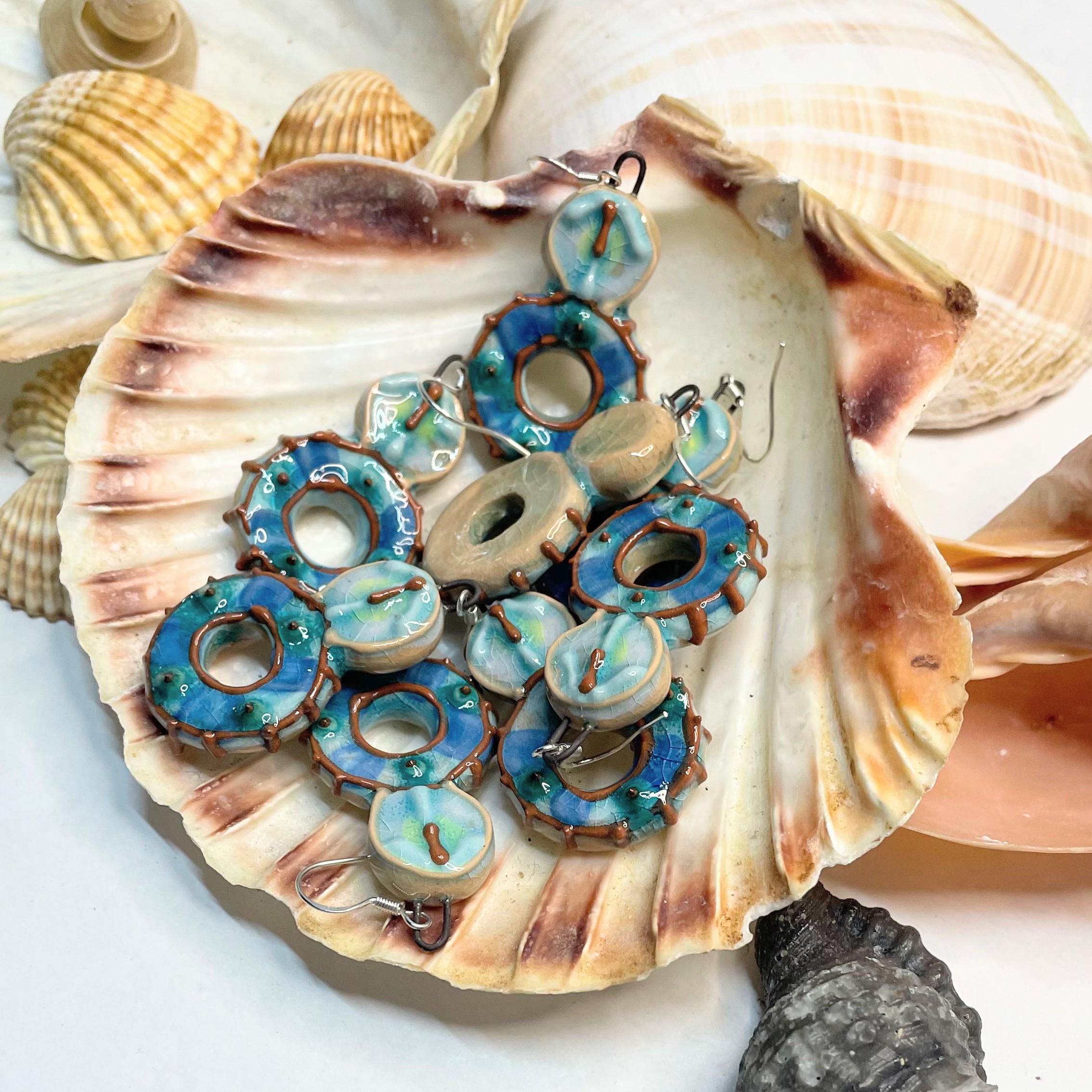 Handmade Ceramic Round Earrings in Blue