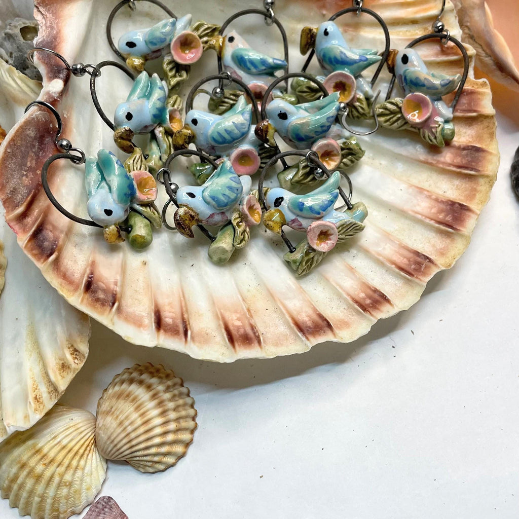 Colorful Earring with Parrots, Ceramic Jewelery