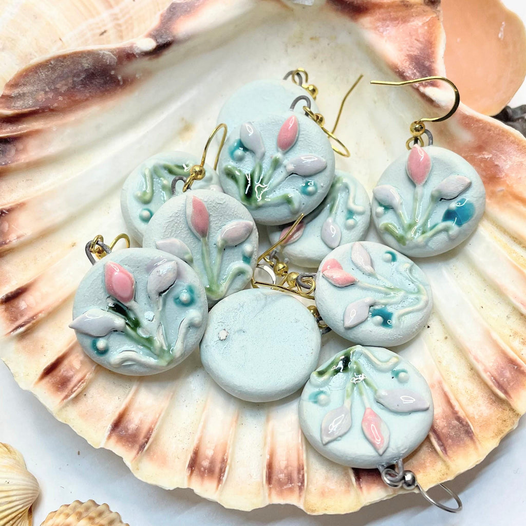 Round Flower Earring, Blue Ceramic Earrings, Sweet Girly Jewelery, Present for Women, Curious Gift for Her, Lovely Surprise for Friend